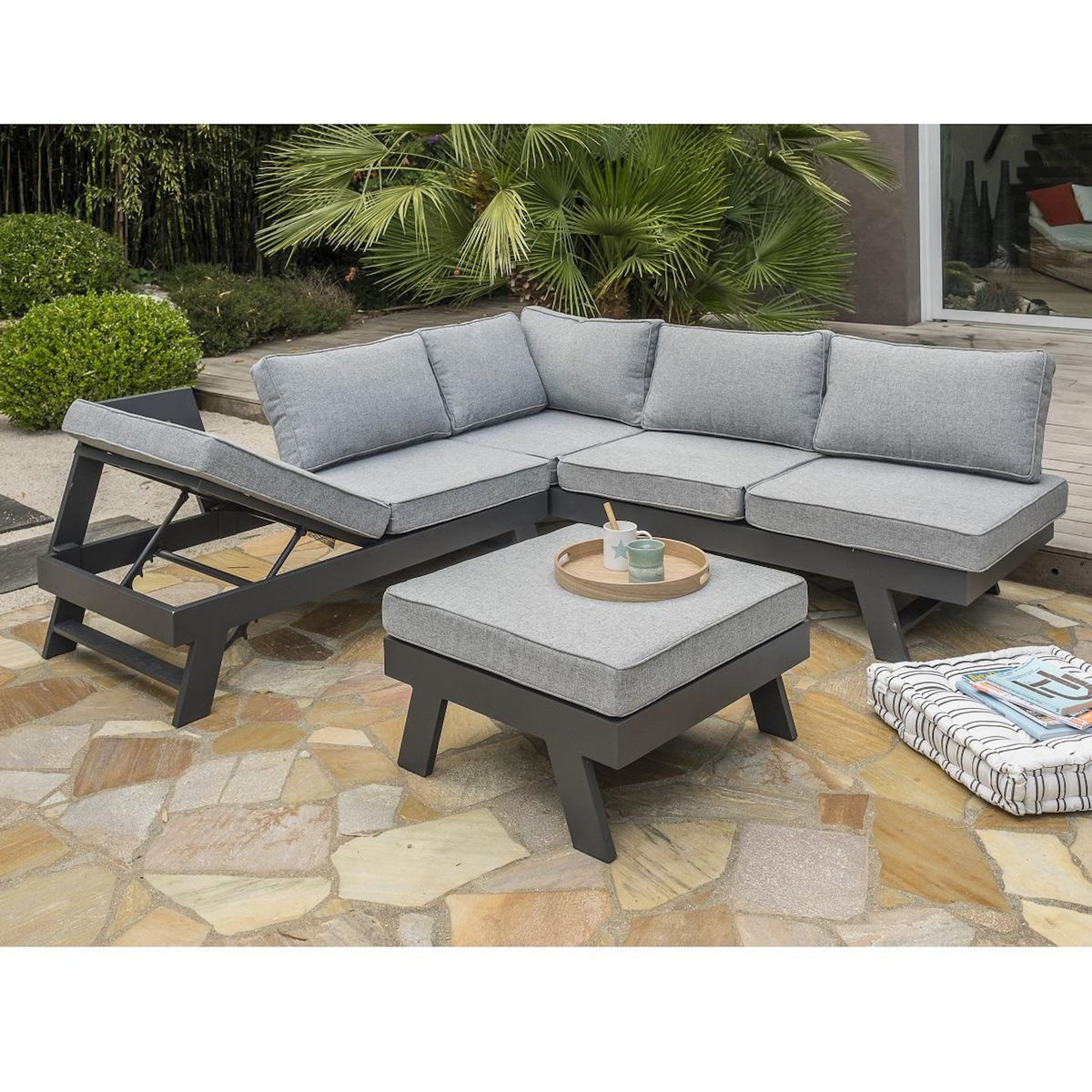 DCB GARDEN Salon bas de jardin en angle - 5/6 places - Aluminium - Anthracite