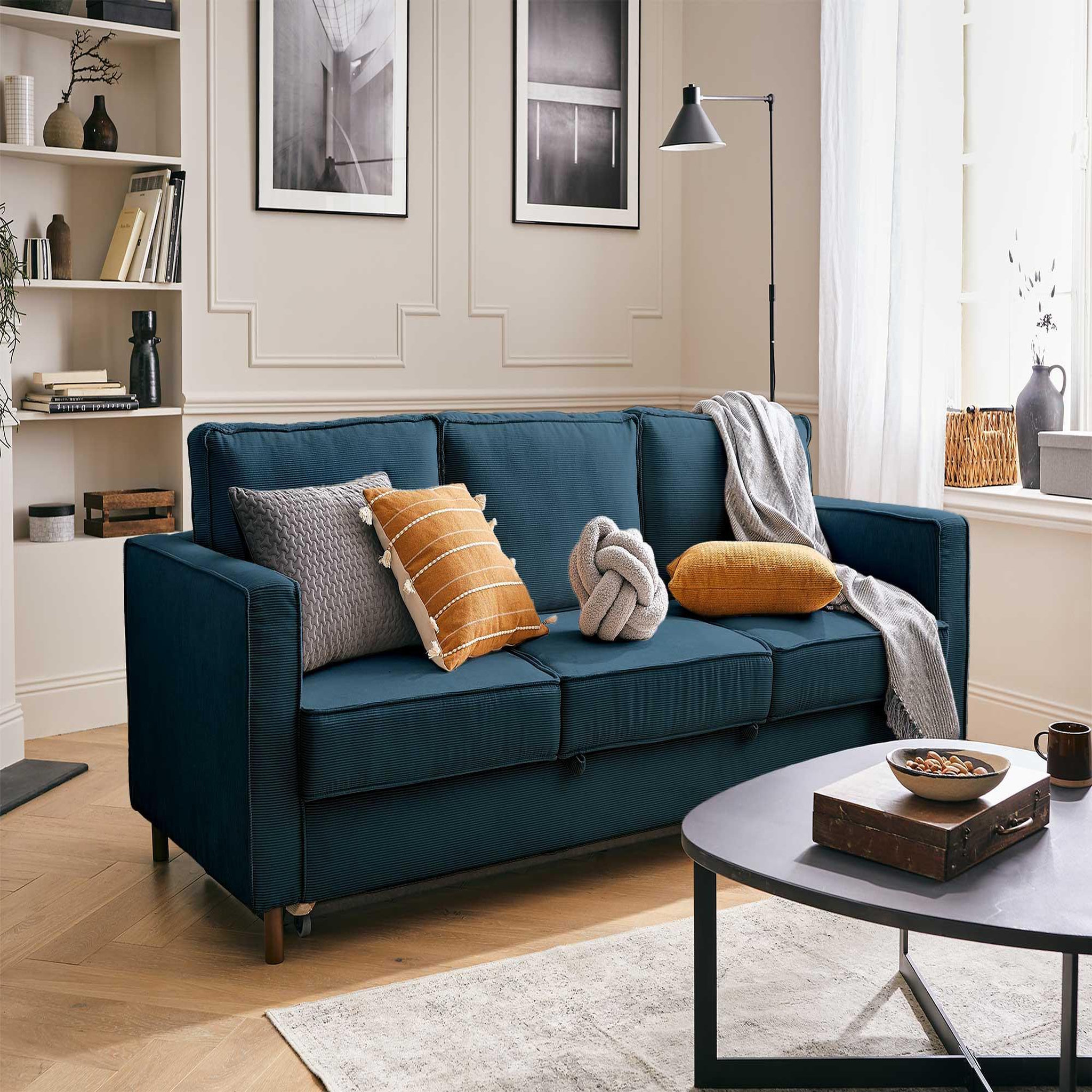 LISA DESIGN Jake - canapé 3 places - convertible - en velours côtelé. Coloris disponibles : Vert, Bleu, Orange, Gris, Beige