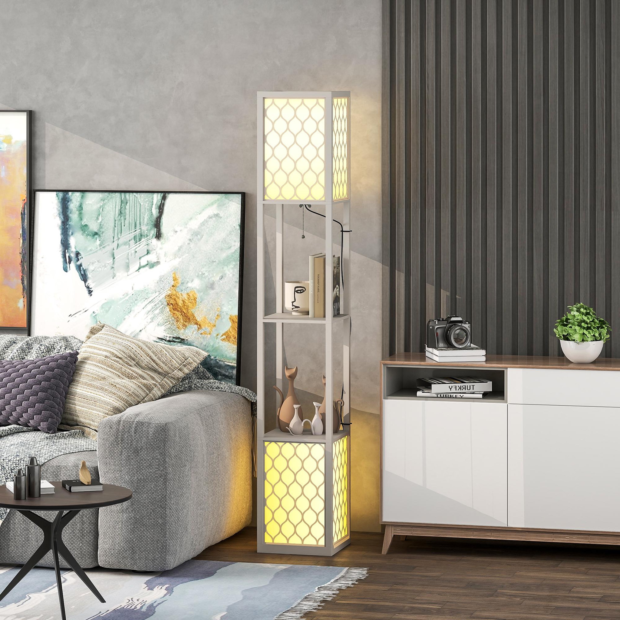 Voir la diapositive 4 : HOMCOM Lampadaire étagère lampe étagère dim. 26l x 26l x 156h cm 2 étagères mdf motif nid d'abeille gris clair
