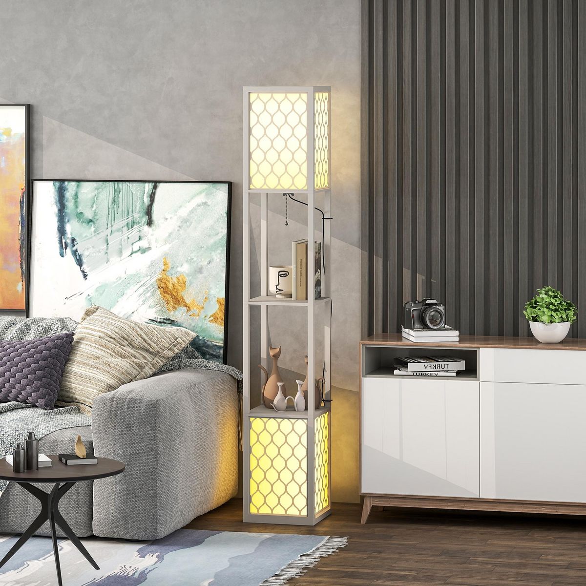 HOMCOM Lampadaire étagère lampe étagère dim. 26L x 26l x 156H cm 2 étagères MDF motif nid d'abeille gris clair