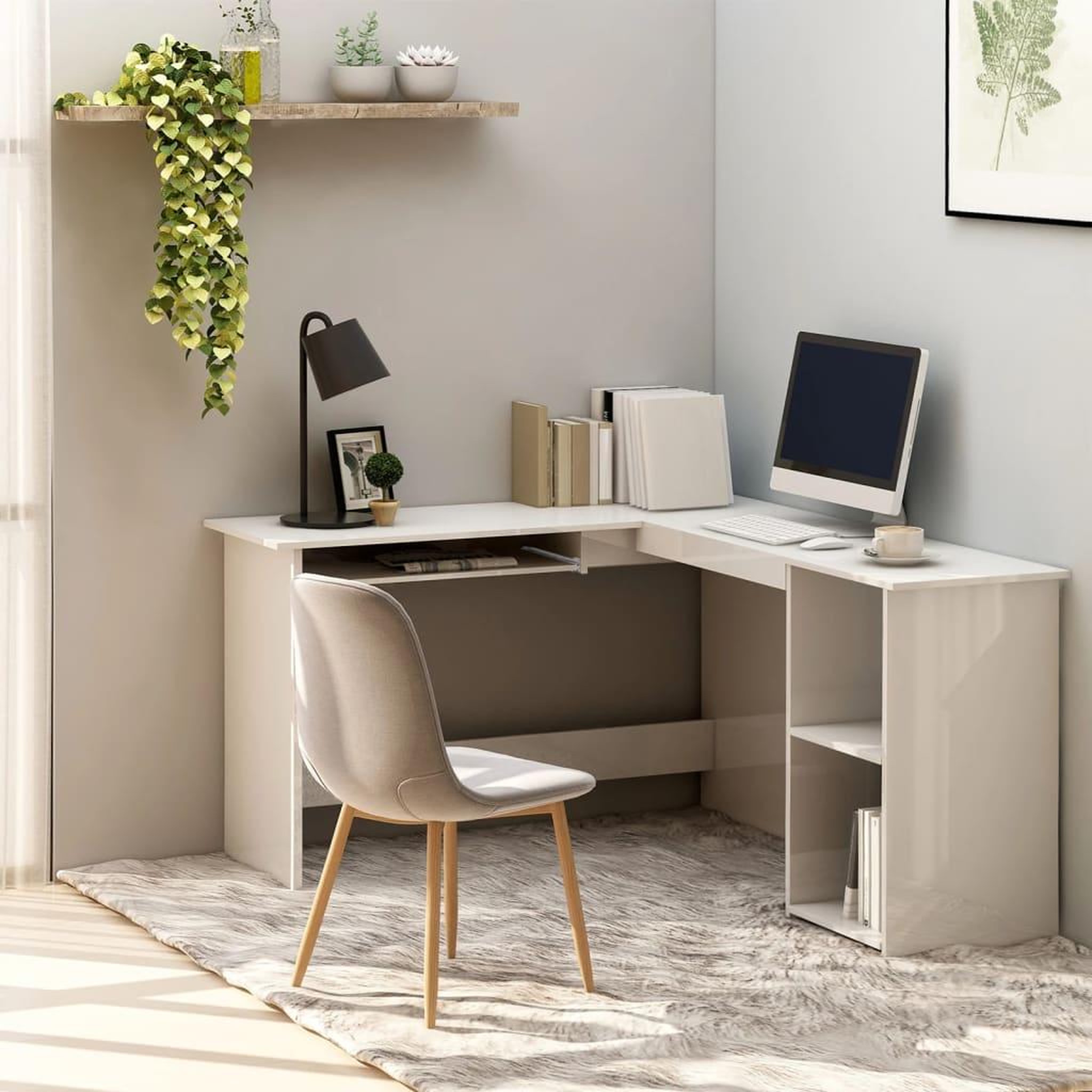 Voir la diapositive 1 : VIDAXL Bureau d'angle en forme de L Blanc brillant Bois d'ingenierie