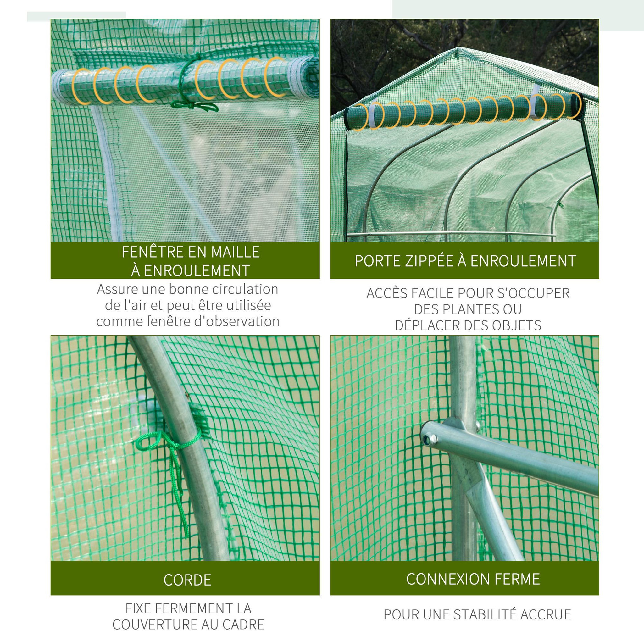 Voir la diapositive 5 : OUTSUNNY Serre de jardin tunnel 6 m² 6 fenêtres porte zippée acier galvanisé pe vert