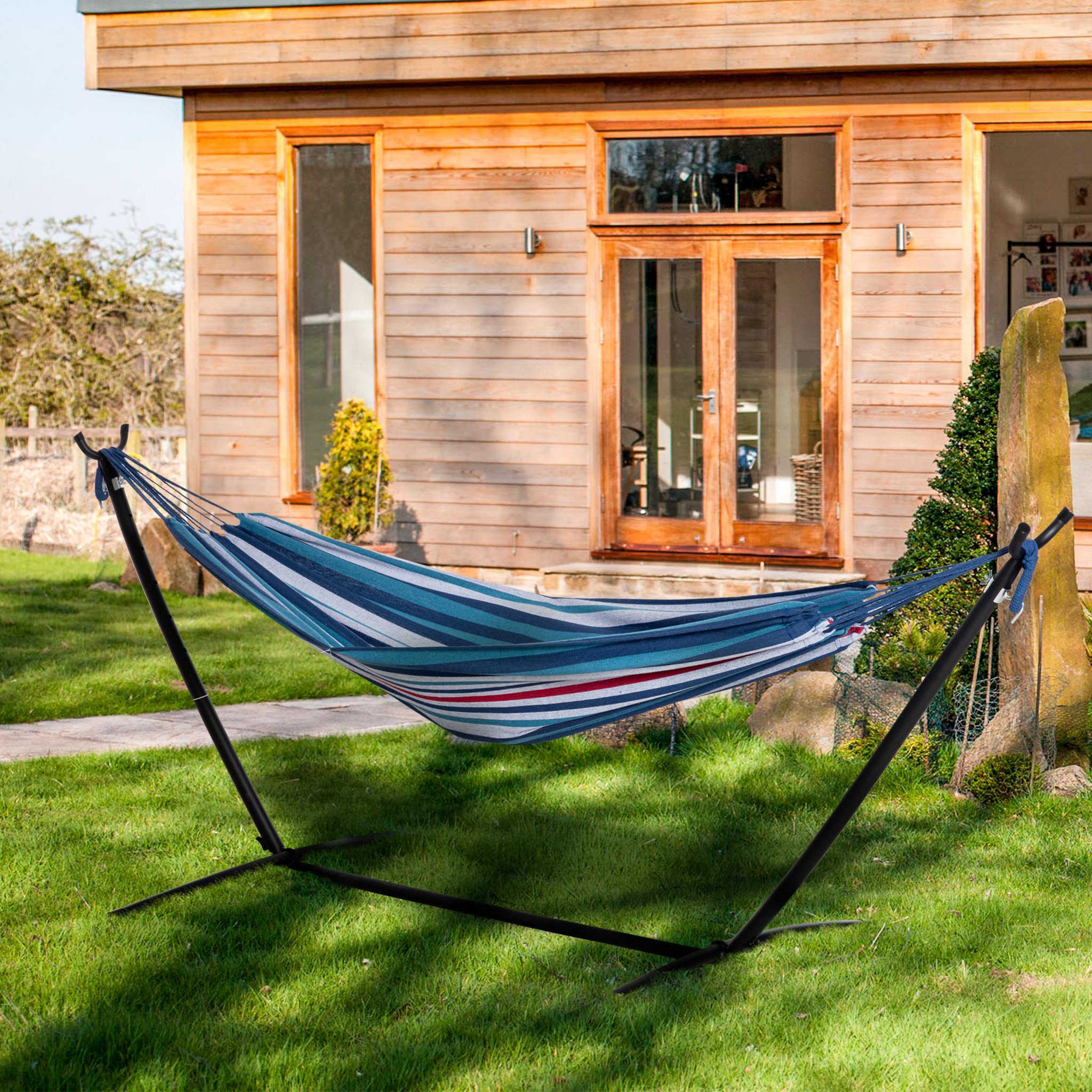 Voir la diapositive 2 : OUTSUNNY Hamac de jardin avec support en métal époxy hamac sur pied 1 place charge max. 120 Kg sac transport multicolore