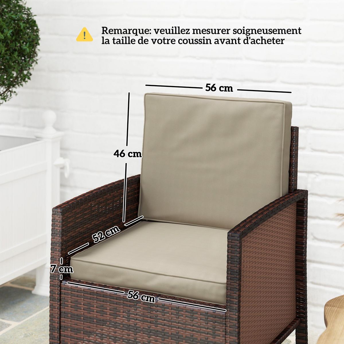 OUTSUNNY Coussins de fauteuil de jardin zippés déhoussables - galettes de chaise de jardin - épais rembourrage 7 cm - polyester haute densité kaki