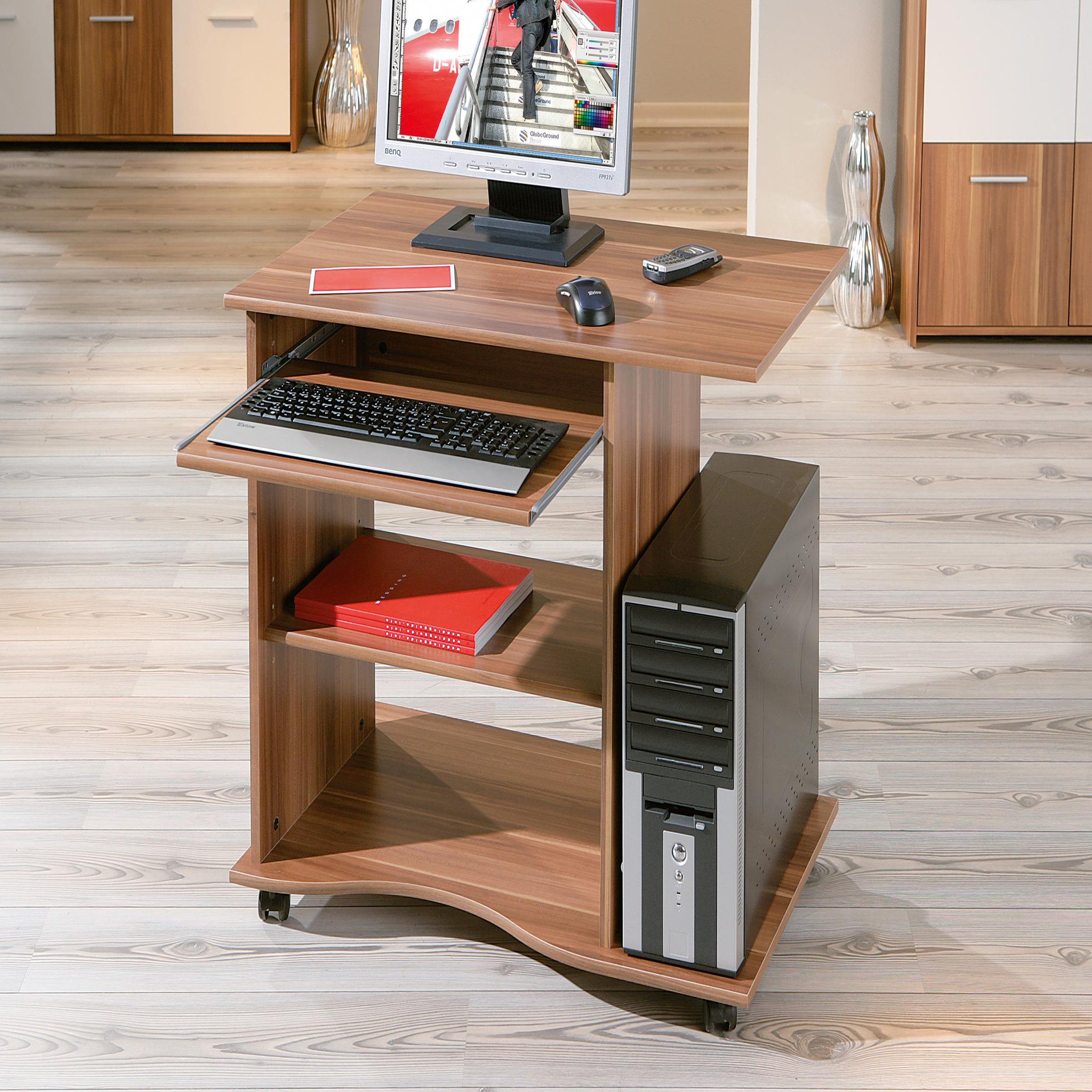 Voir la diapositive 1 : Bureau droit informatique avec tablette coulissante et roulettes L80cm  ADRIEN