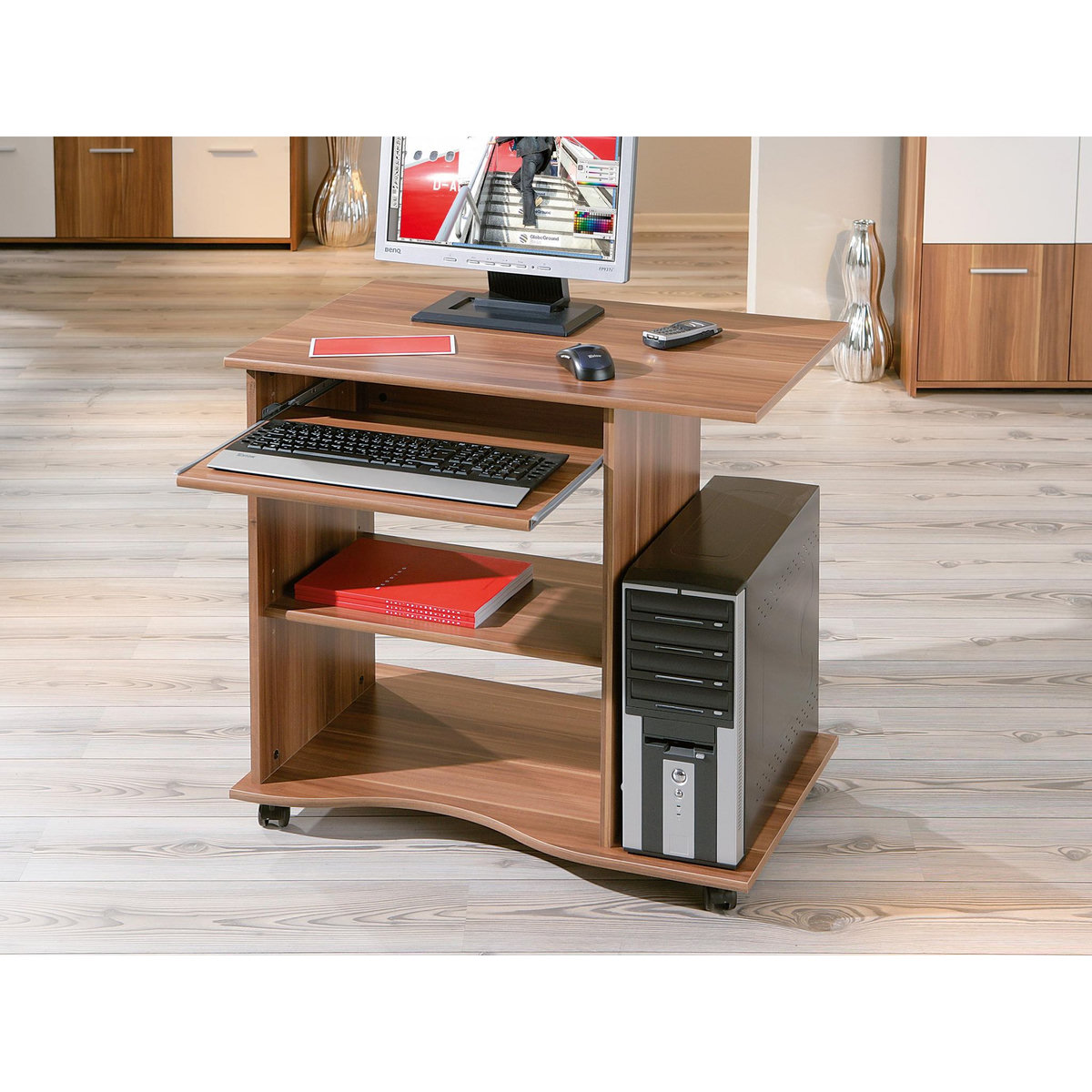 Bureau droit informatique avec tablette coulissante et roulettes L80cm  ADRIEN