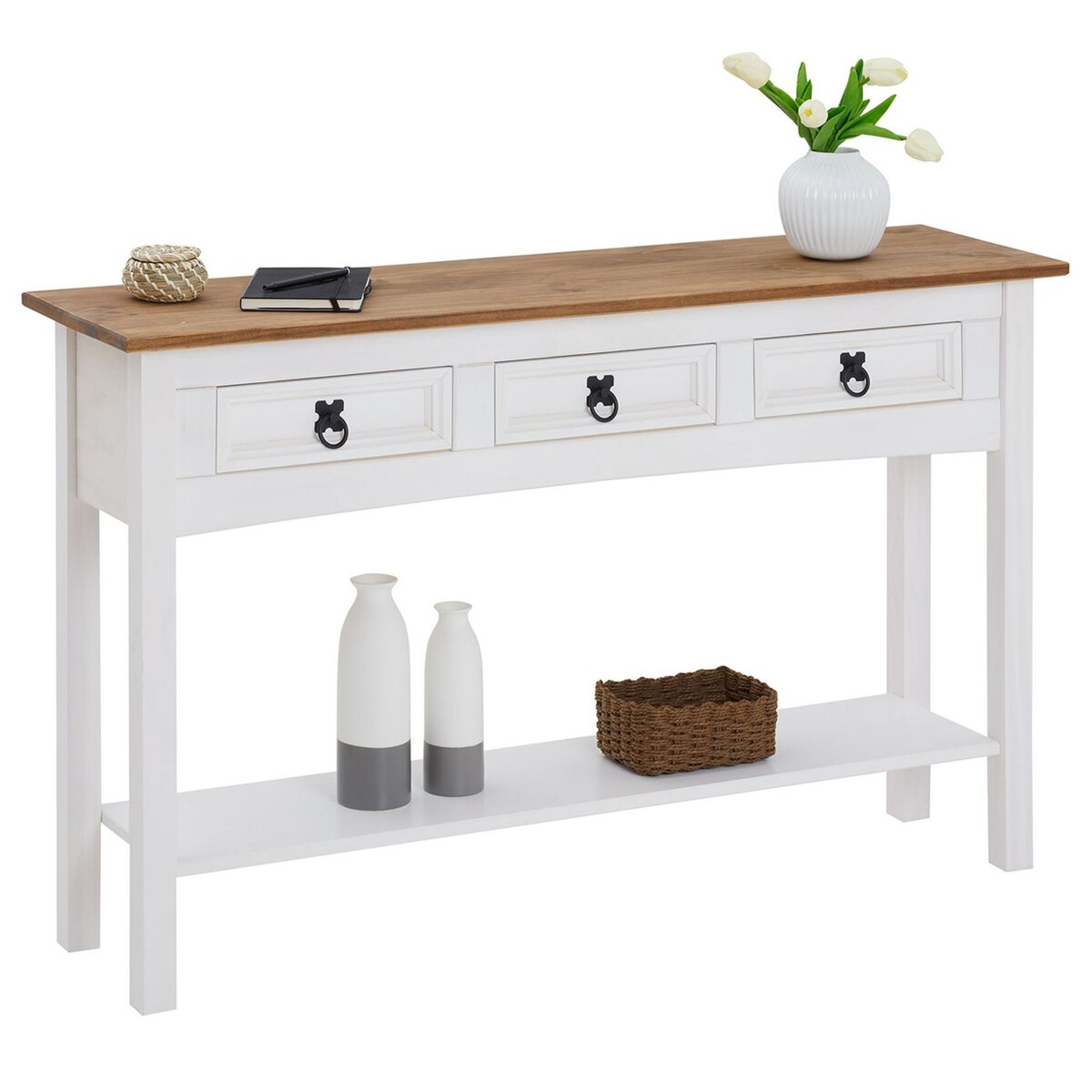 IDIMEX Table console CAMPO table d'appoint en pin massif blanc et brun avec 3 tiroirs et 1 étagère, meuble d'entrée en bois