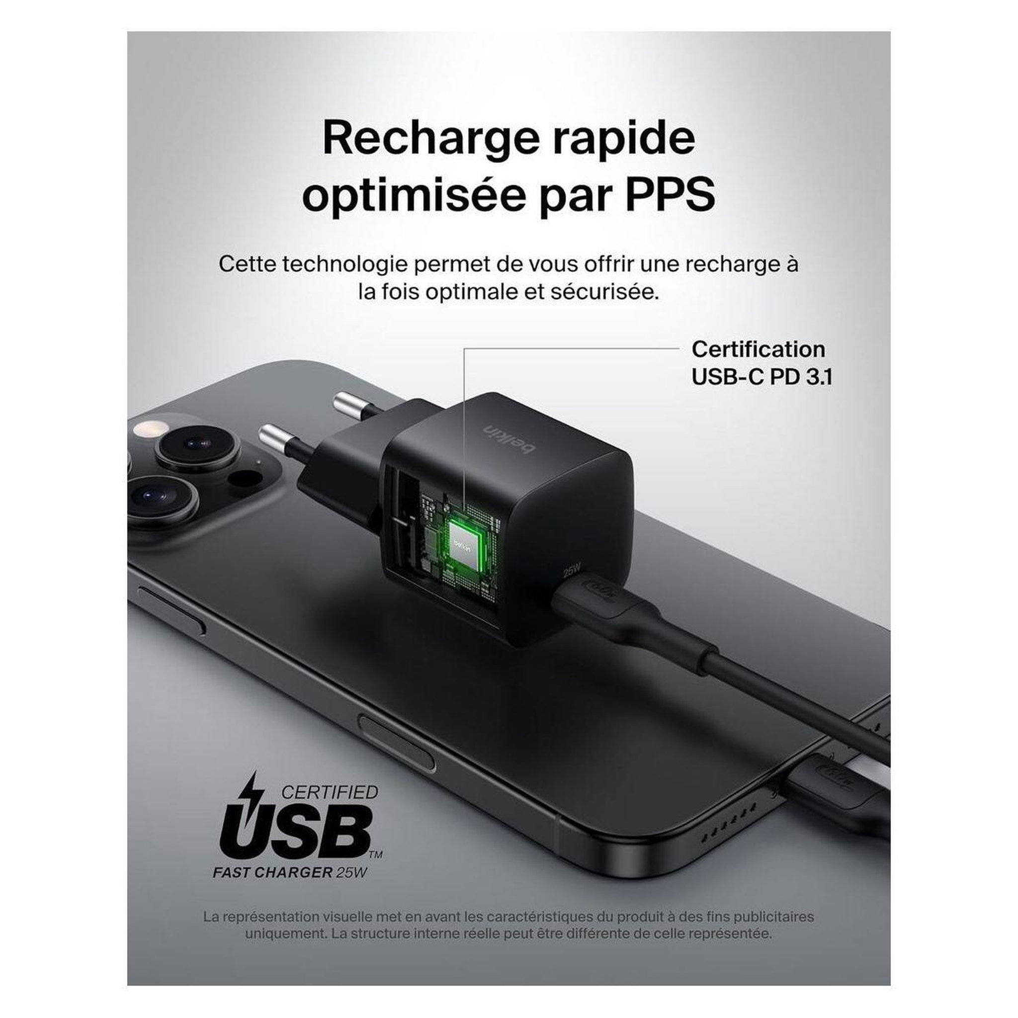 Voir la diapositive 3 : Belkin Chargeur 25W avec cable USB-C Noir