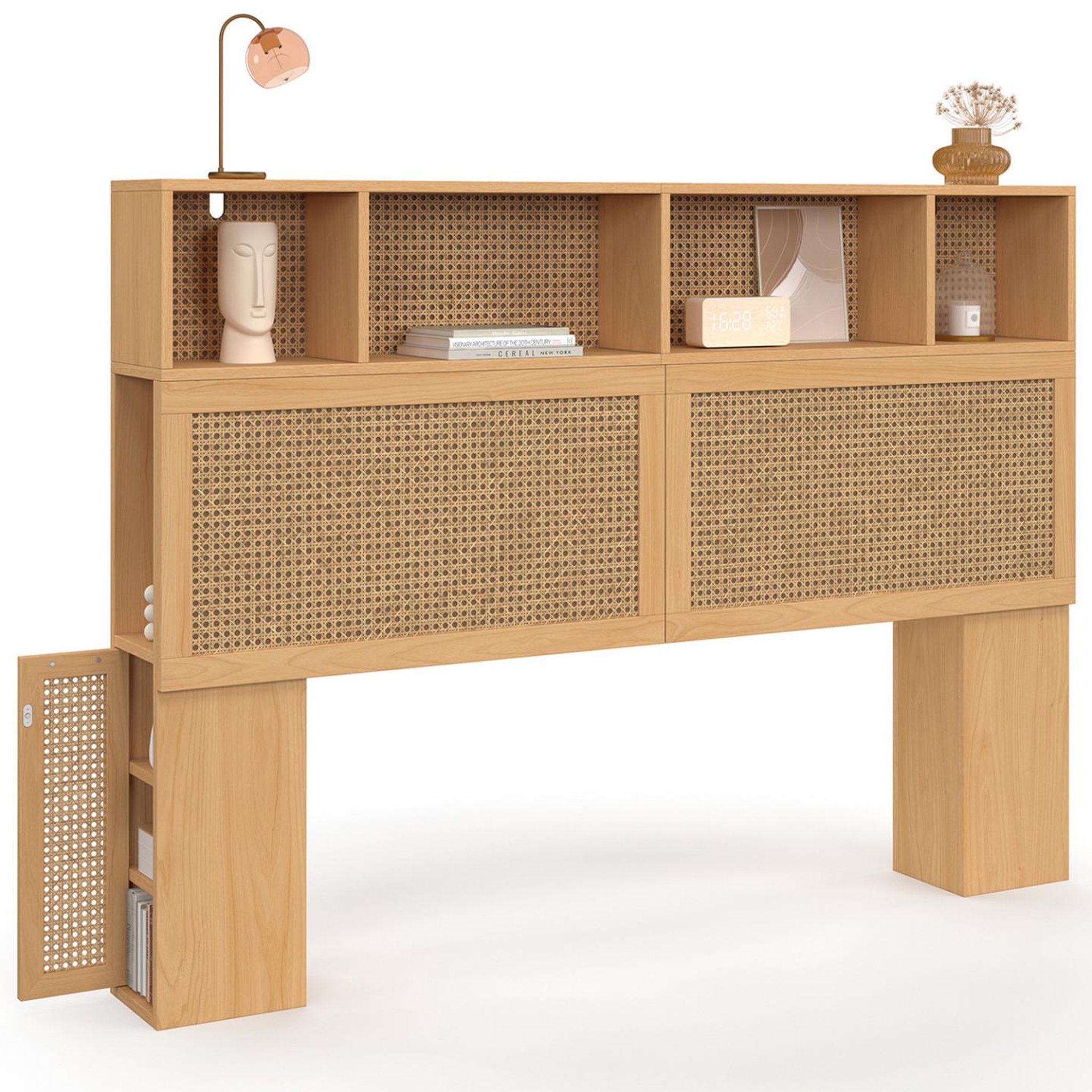 ID MARKET Tête de lit edhen 145 cm avec rangements fermés et niches cannage et bois