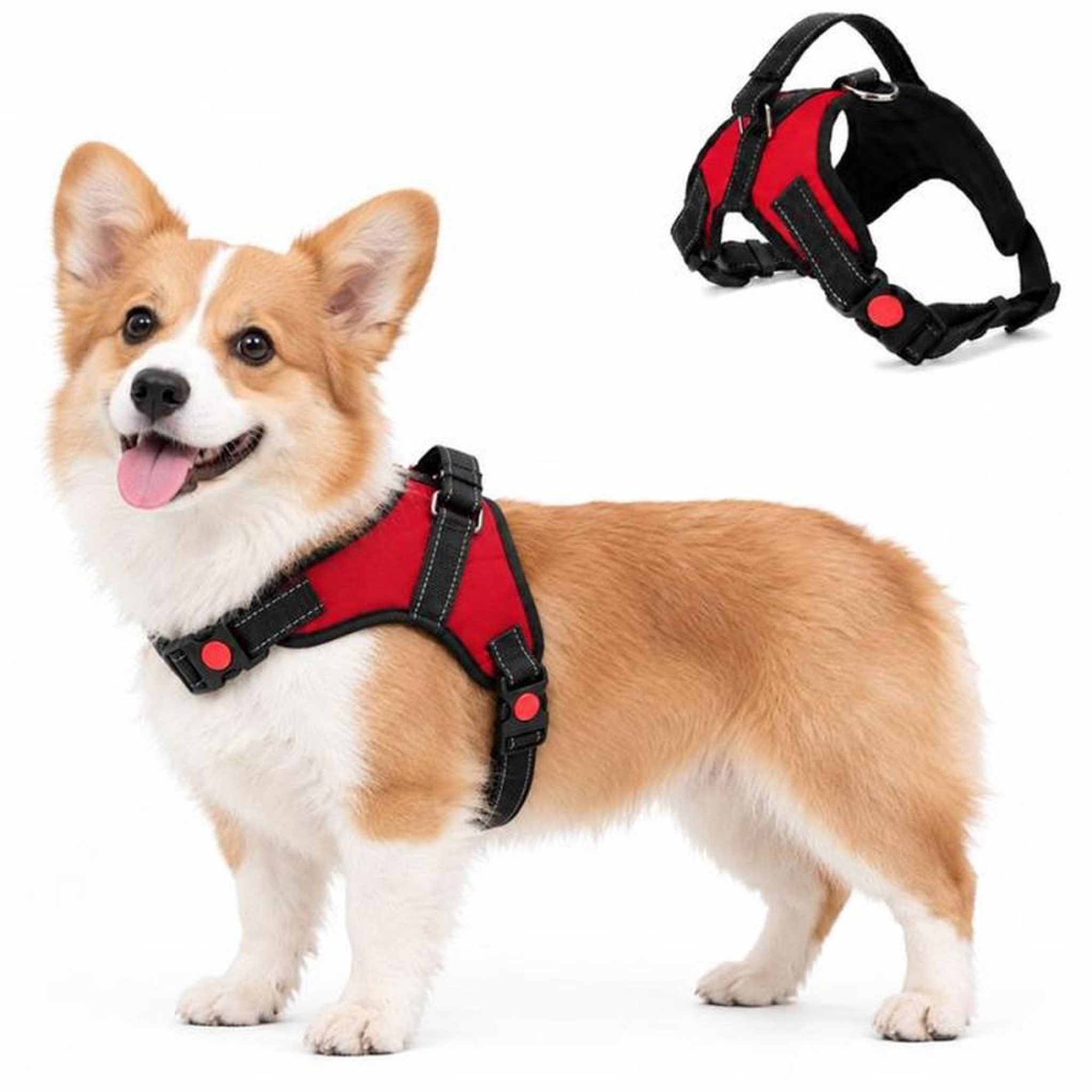 Harnais anti-traction pour chien rouge taille S, sangle rembourrée respirante, poignée de contrôle et bandes réfléchissantes