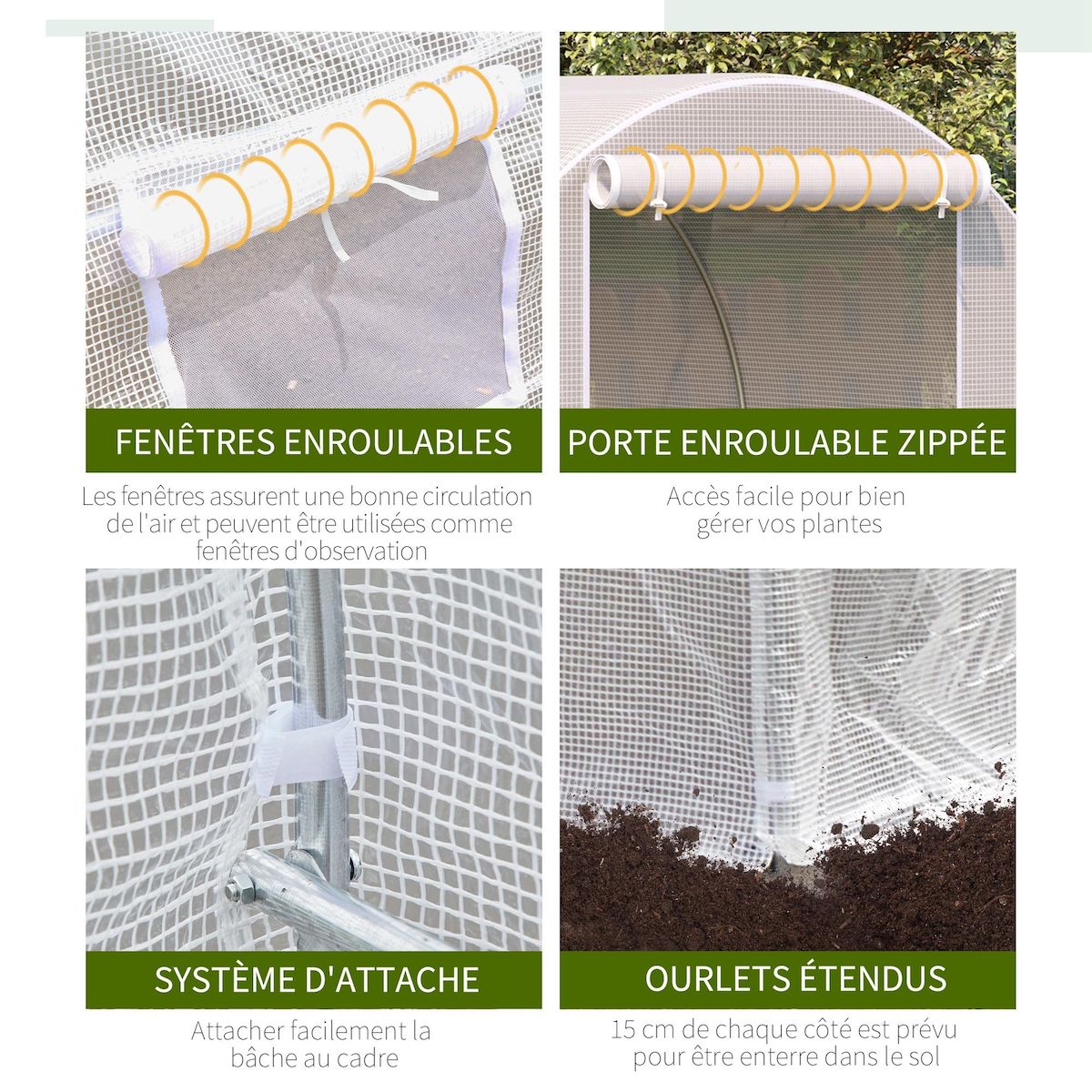 OUTSUNNY Serre de jardin tunnel surface sol 8 m² 4 x 2 x 2 m châssis tubulaire renforcé 18 mm 6 fenêtres blanc
