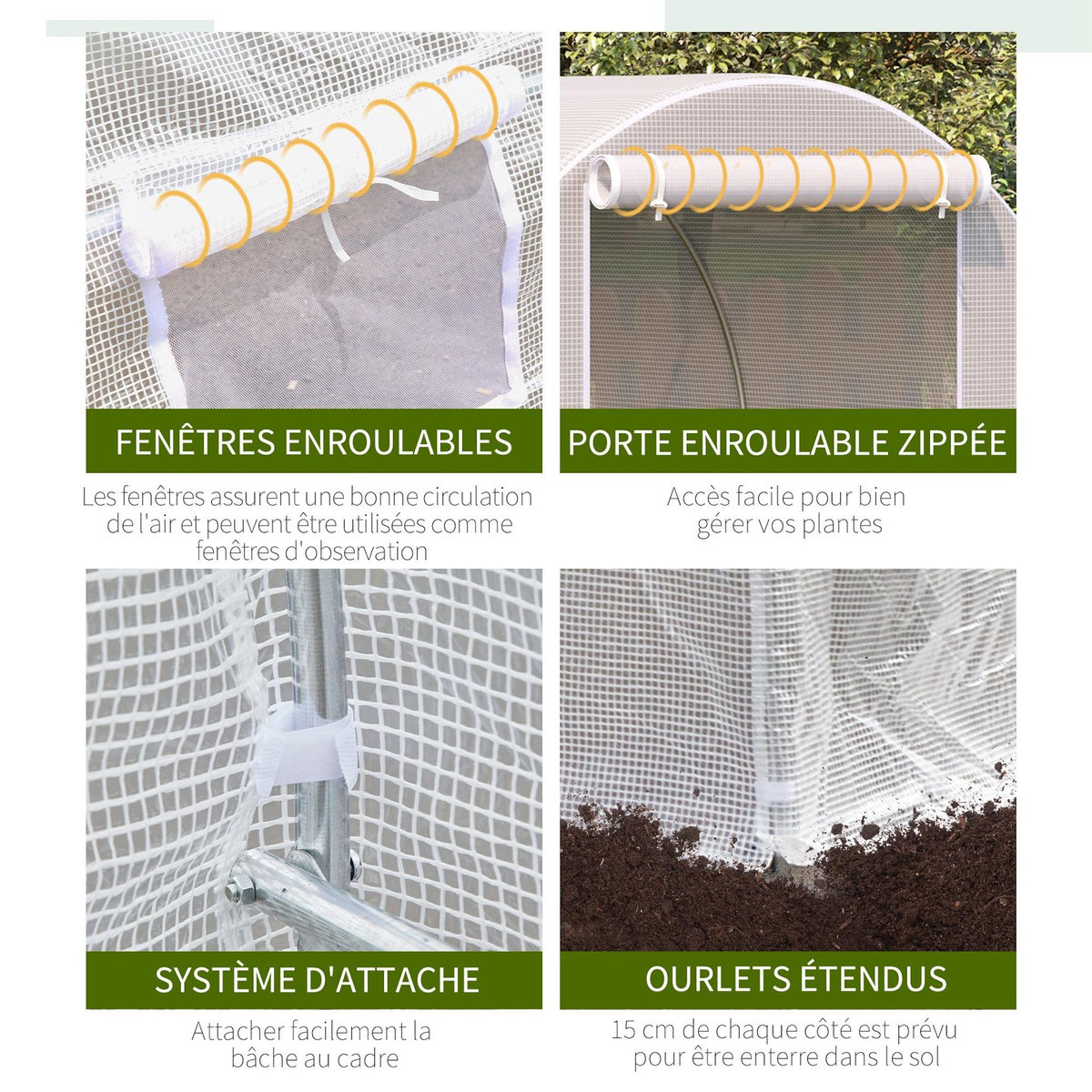 OUTSUNNY Serre de jardin tunnel surface sol 8 m² 4 x 2 x 2 m châssis tubulaire renforcé 18 mm 6 fenêtres blanc