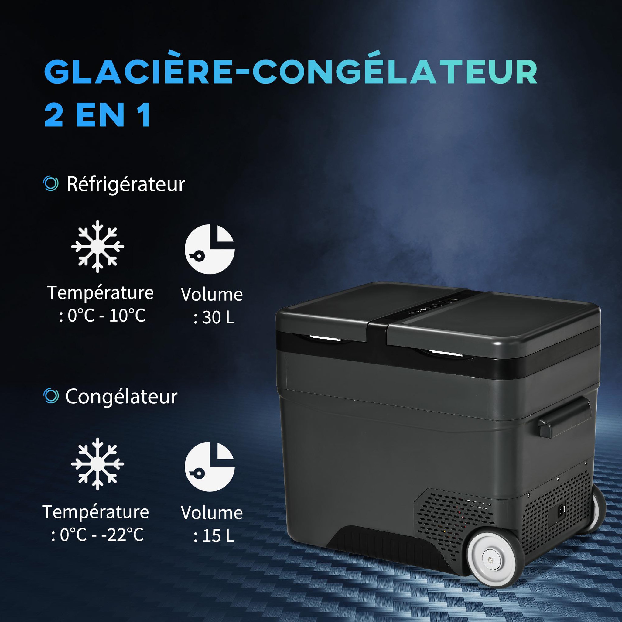 Voir la diapositive 4 : OUTSUNNY Outsunny Glacière-congélateur portable à compression 2 compartiments -22°C - 10°C 45L prise alume-cigare + adaptateur inclus gris noir