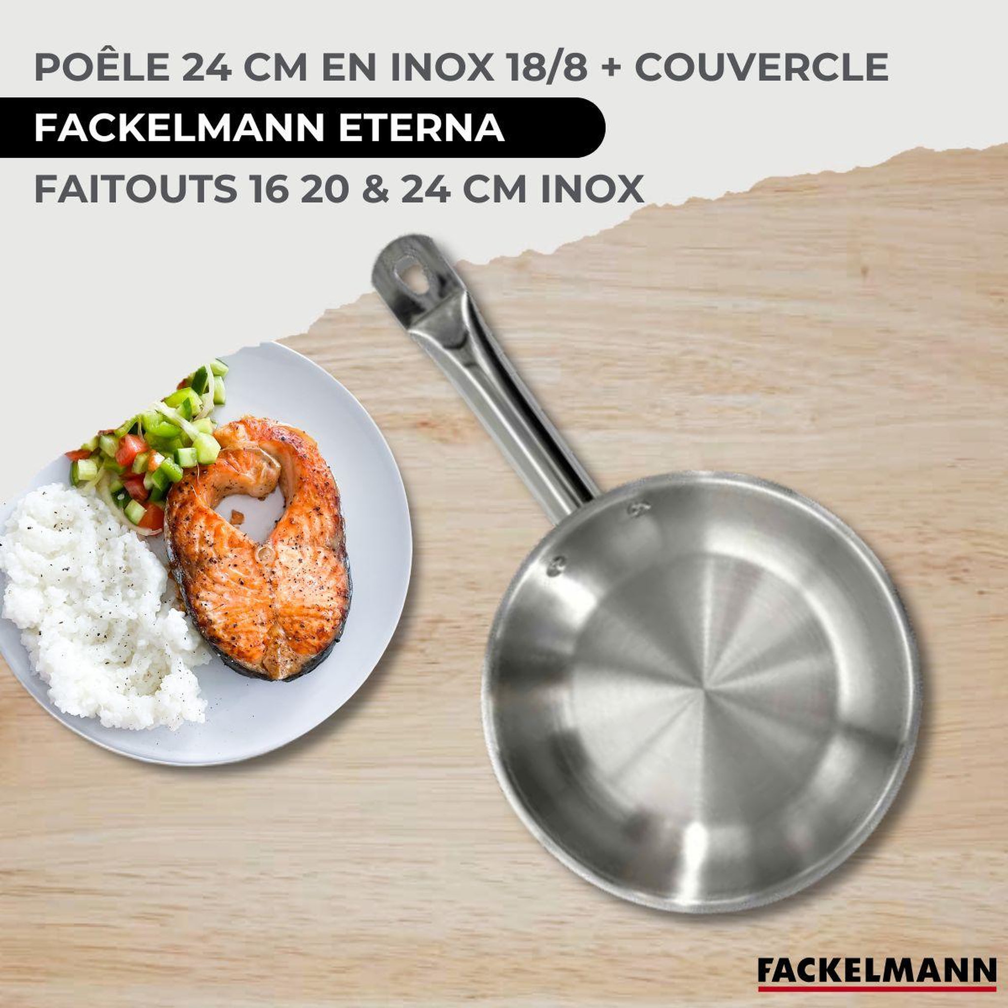 Voir la diapositive 2 : Fackelmann Batterie de cuisine avec 3 faitouts 16/20/24 cm et 1 poêle 24 cm avec 6 ustensiles de cuisine fackelmann etherna brillant vario avec couvercles