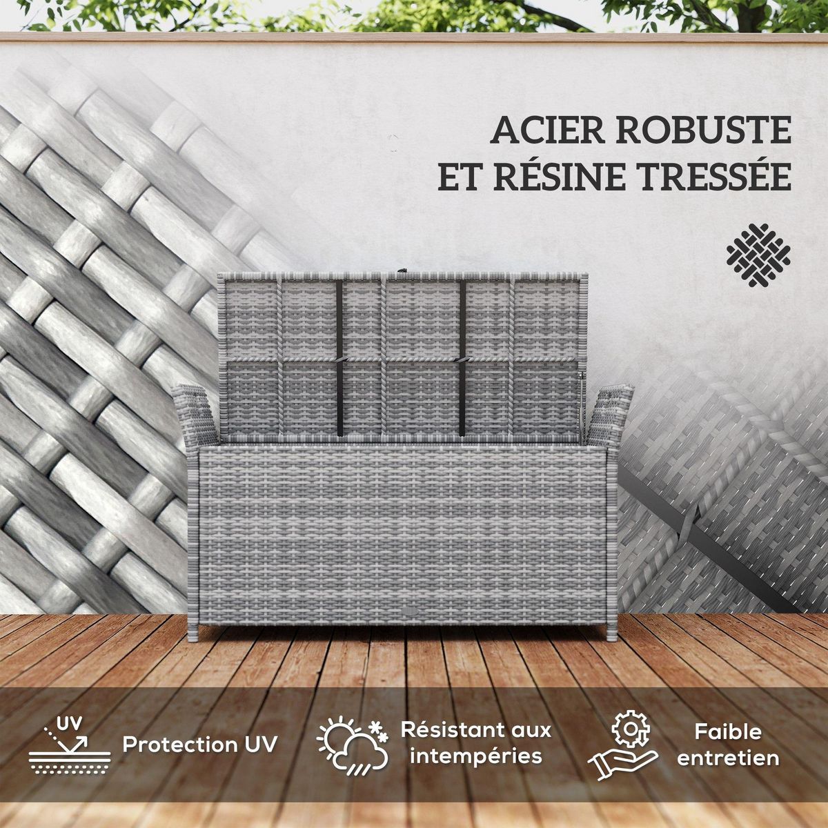 OUTSUNNY Coffre de jardin en résine tressée avec poignées et coussin déhoussable dim. 125 x 55 x 70 cm gris