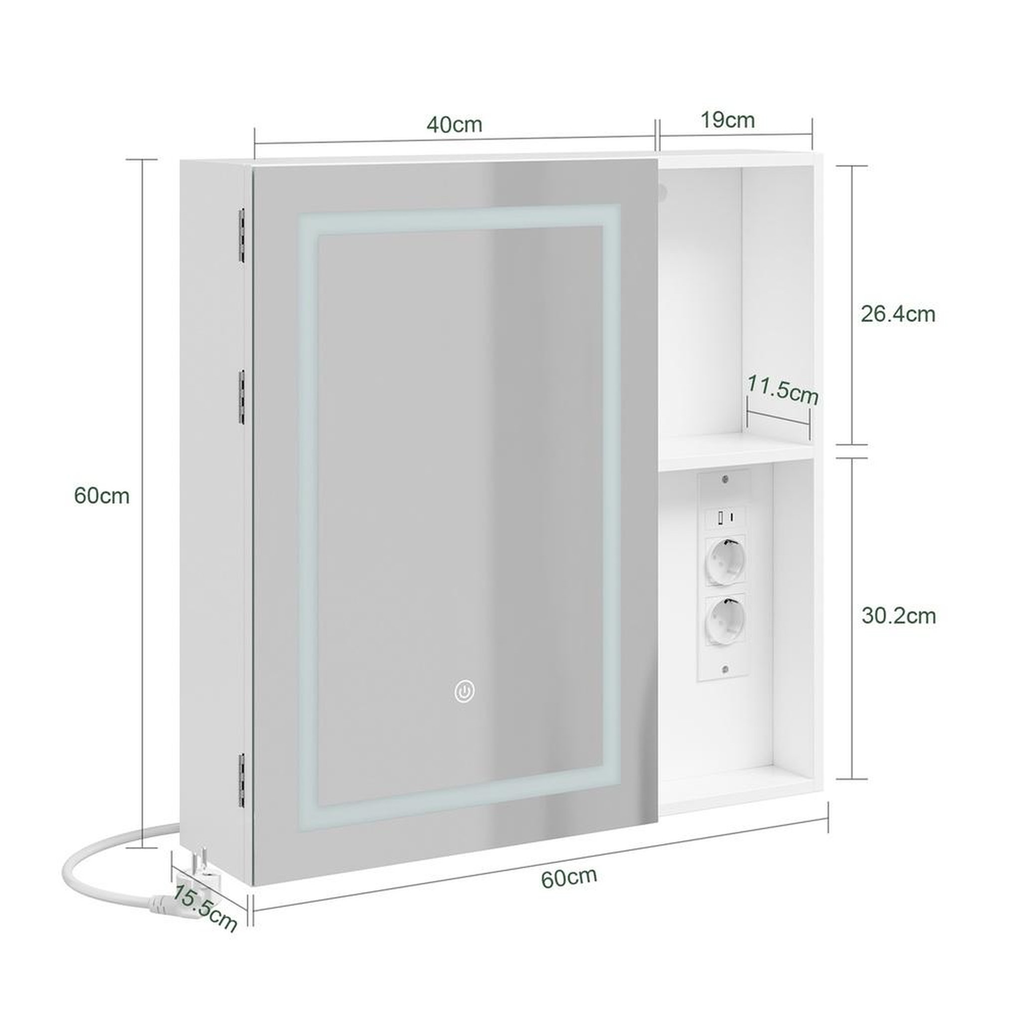 Voir la diapositive 3 : SOBUY Armoire murale de salle de bain avec miroir led, prise et usb, 1 porte, blanc