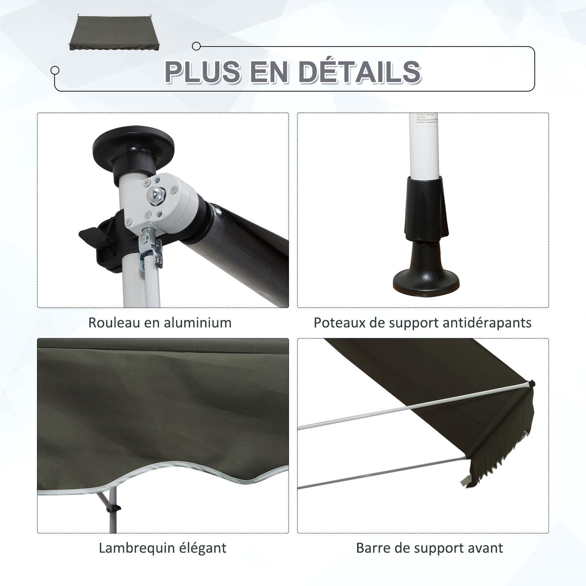Voir la diapositive 5 : OUTSUNNY Store banne manuel rétractable 3L x 1,5l m inclinaison et hauteur réglable installation rapide métal alu polyester anti-UV gris