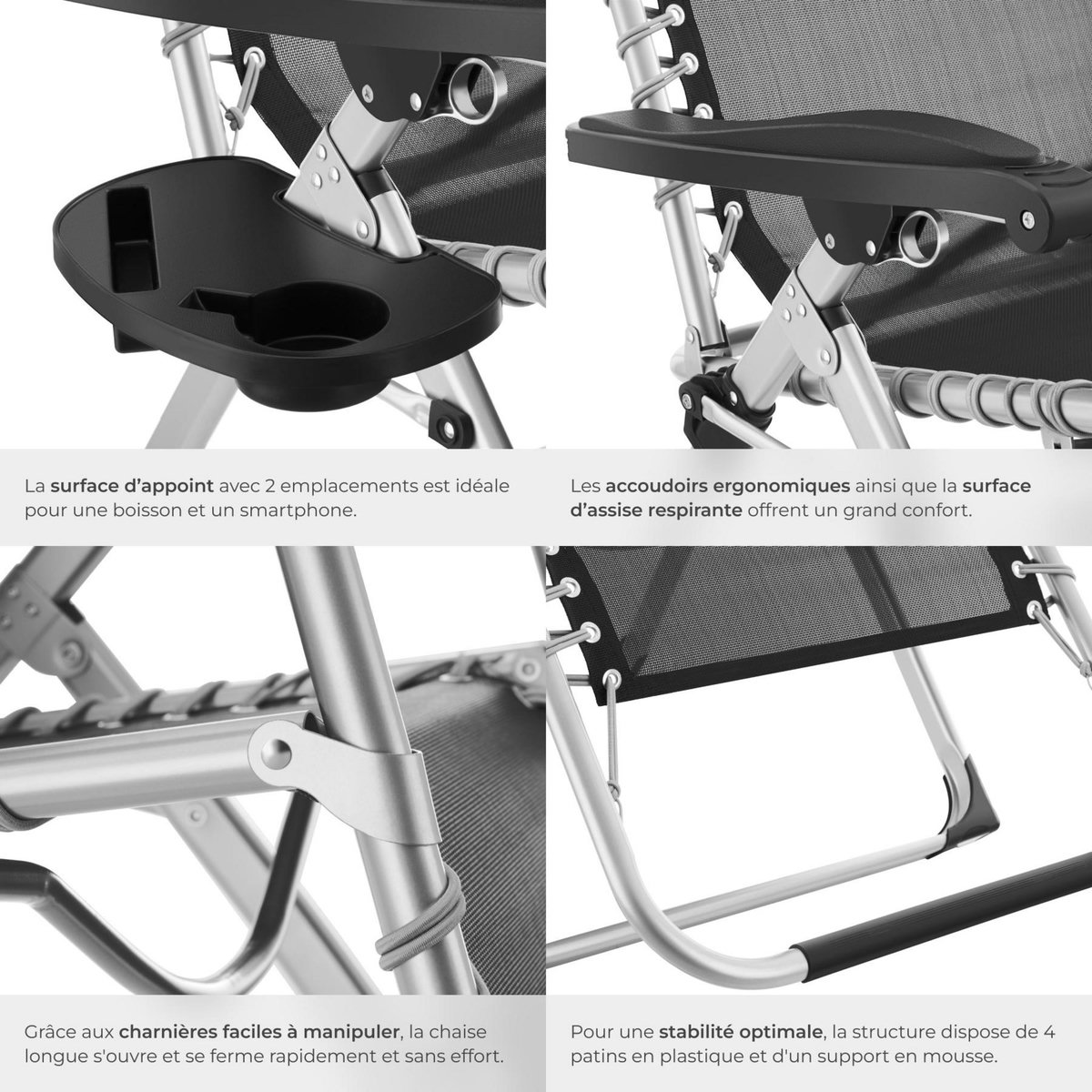 tectake Chaise longue Pliable noir