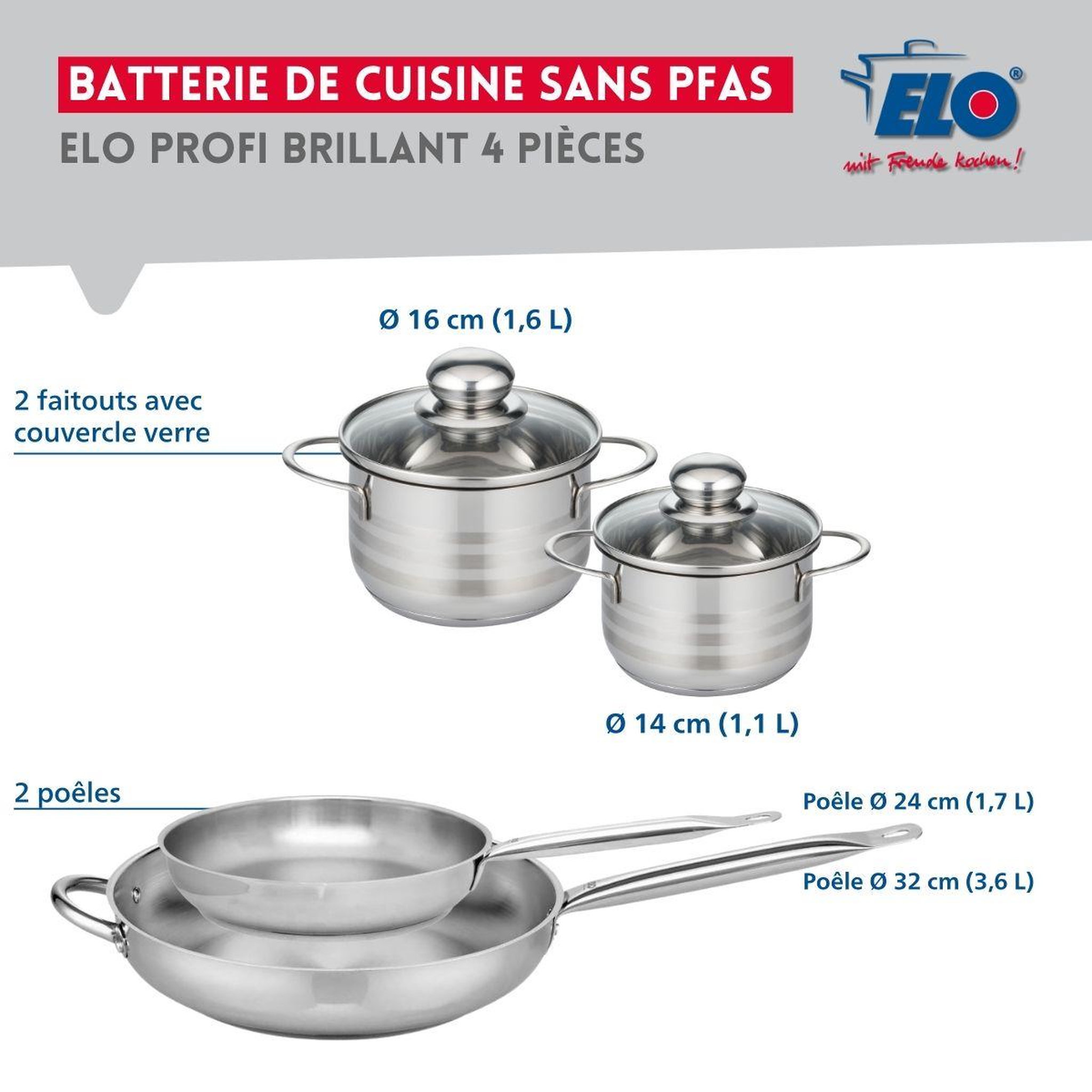 Voir la diapositive 2 : ELO Ensemble de 2 poêles de cuisson 24 et 32 cm et 2 faitouts 14 et 16 cm elo profi brillant