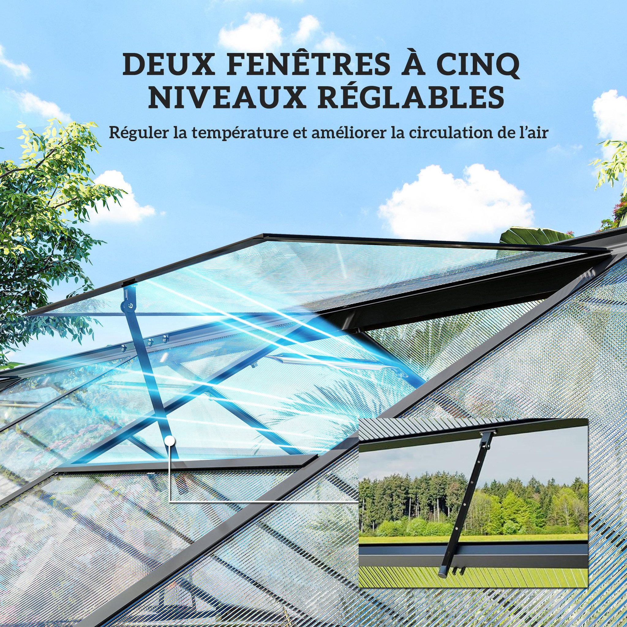 Voir la diapositive 6 : OUTSUNNY Serre de jardin 8,45 m² aluminium avec parois polycarbonate porte 2 lucarnes