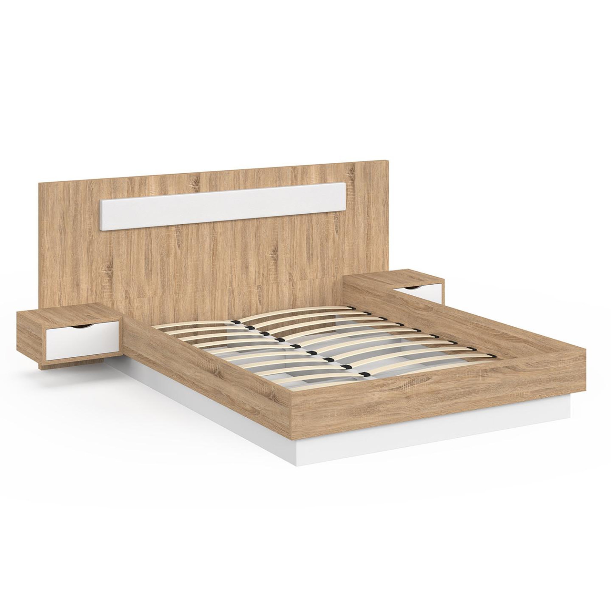 Voir la diapositive 4 : ID MARKET Lit double santa avec tête de lit + tables de chevet intégrées et sommier 140 x 190 cm bois et blanc