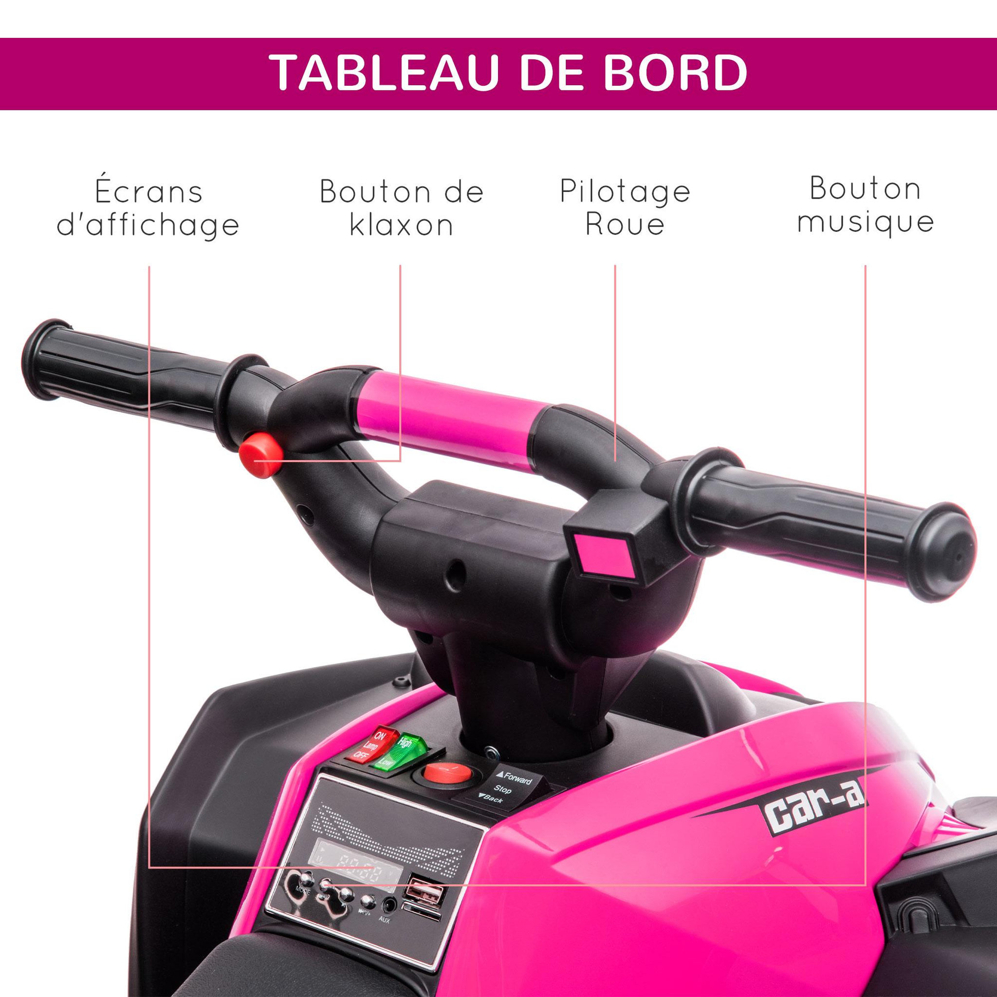 Voir la diapositive 4 : HOMCOM Quad buggy électrique enfant 12 V 3 Km/h max. effets lumineux et sonores rose noir