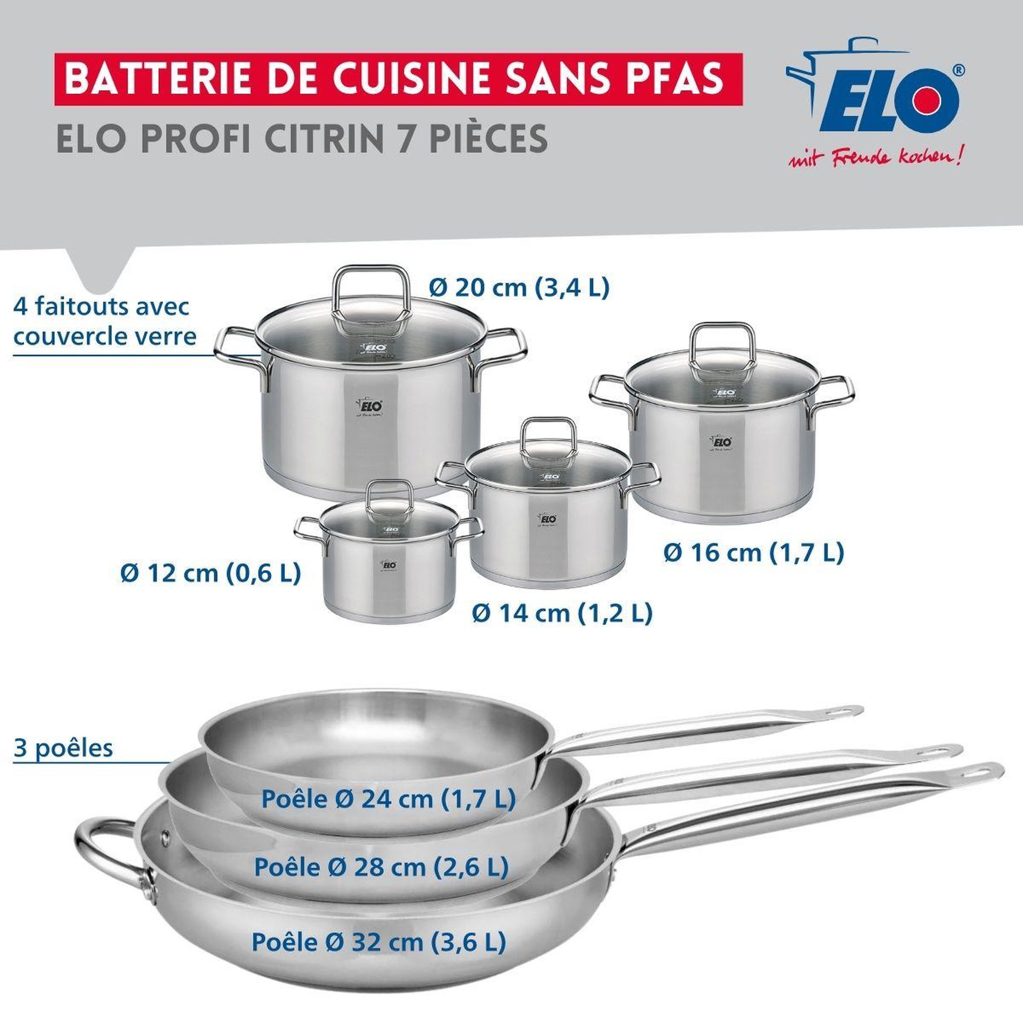 Voir la diapositive 2 : ELO Ensemble de 3 poêles de cuisson 24, 28 et 32 cm et 4 faitouts 12, 14, 16 et 20 cm elo profi citrin