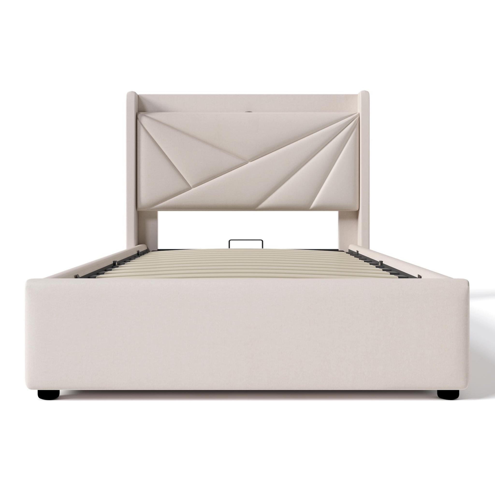 Voir la diapositive 5 : MERAX Lit coffre avec sommier et USB Lin