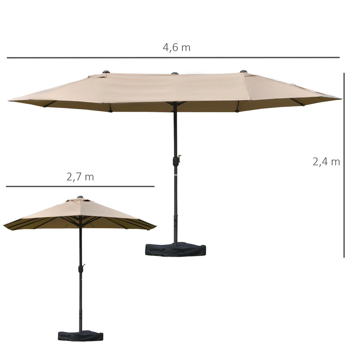 OUTSUNNY Parasol de jardin XXL dim. 4,6L x 2,7l x 2,4H m ouverture fermeture manivelle pied & contrepoids inclus acier polyester haute densité kaki