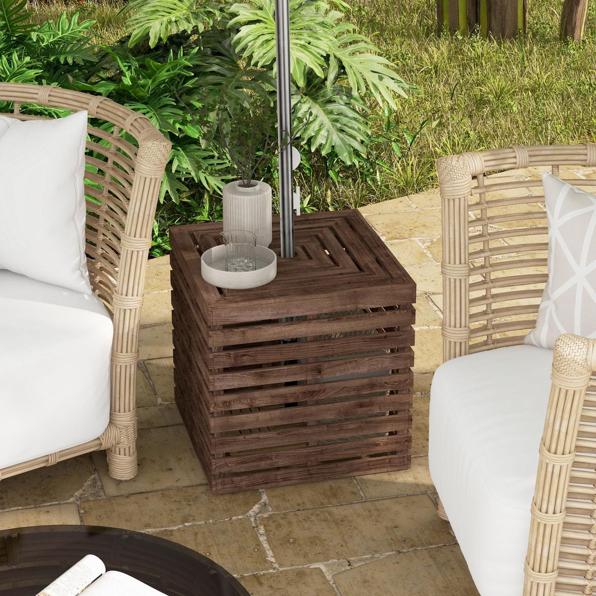 OUTSUNNY Pied de parasol coffre de rangement table basse 3 en 1 bois de sapin