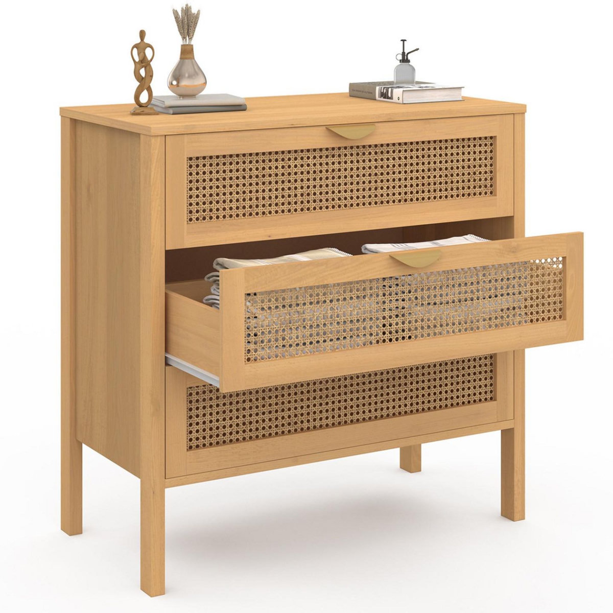 ID MARKET Commode 3 tiroirs EDHEN 80 cm cannage coloris bois