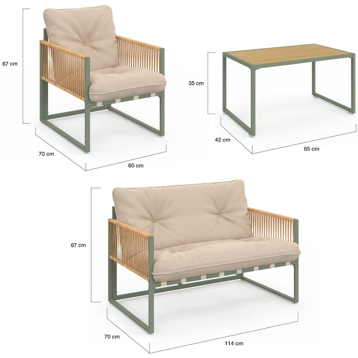 ID MARKET Salon de jardin bas RIO 4 places structure métal vert, cordage effet rotin clair et coussins beige