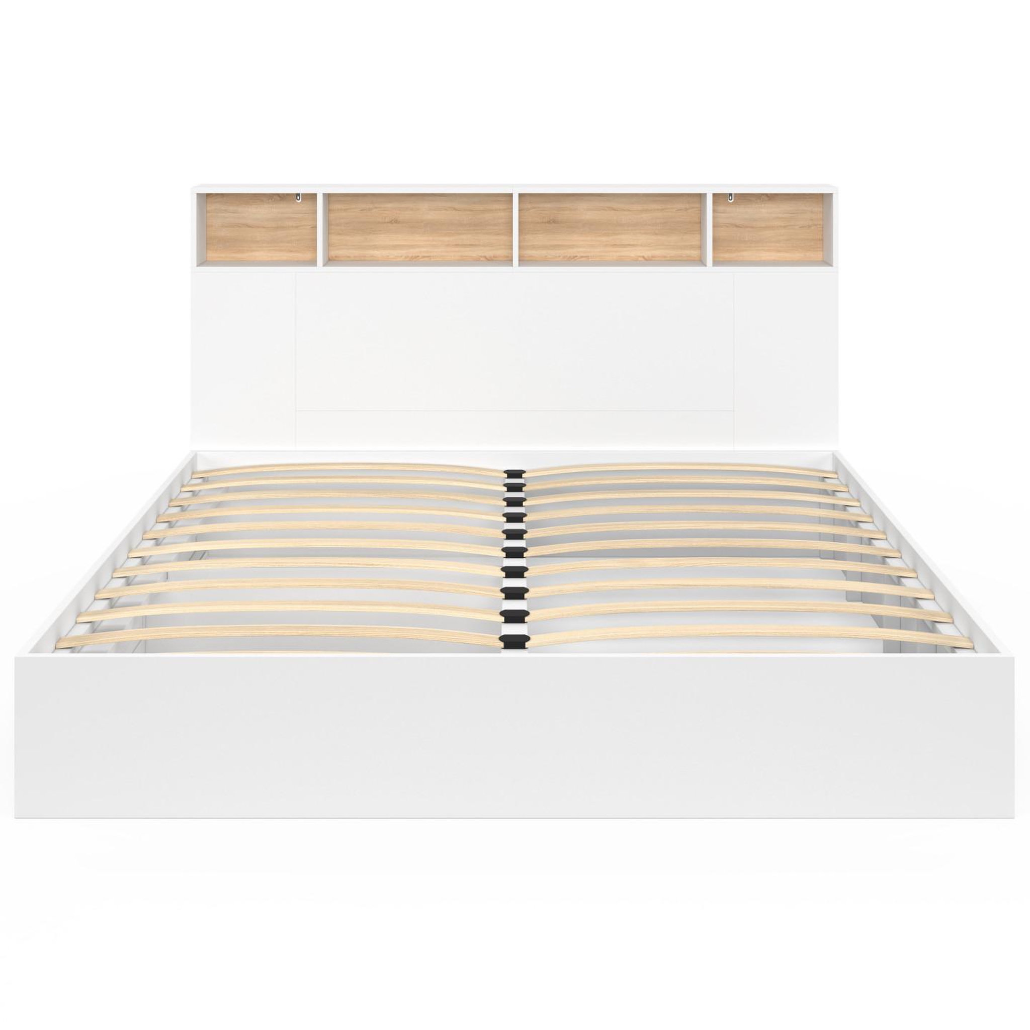 Voir la diapositive 3 : ID MARKET Lit double clem avec rangements + tête de lit et sommier 180 x 200 cm blanc et hêtre