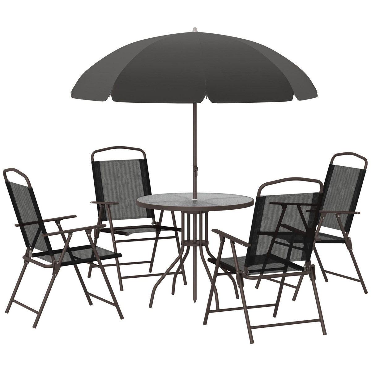 OUTSUNNY Ensemble salon de jardin 6 pcs - table ronde + 4 chaises pliables + parasol - acier époxy café textilène polyester noir