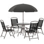 Voir la diapositive 1 : OUTSUNNY Ensemble salon de jardin 6 pcs - table ronde + 4 chaises pliables + parasol - acier époxy café textilène polyester noir