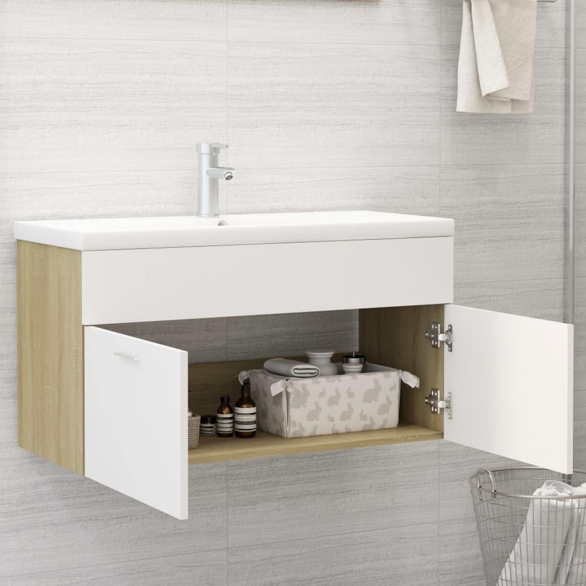 VIDAXL Armoire d'evier et lavabo integre Blanc et chene sonoma
