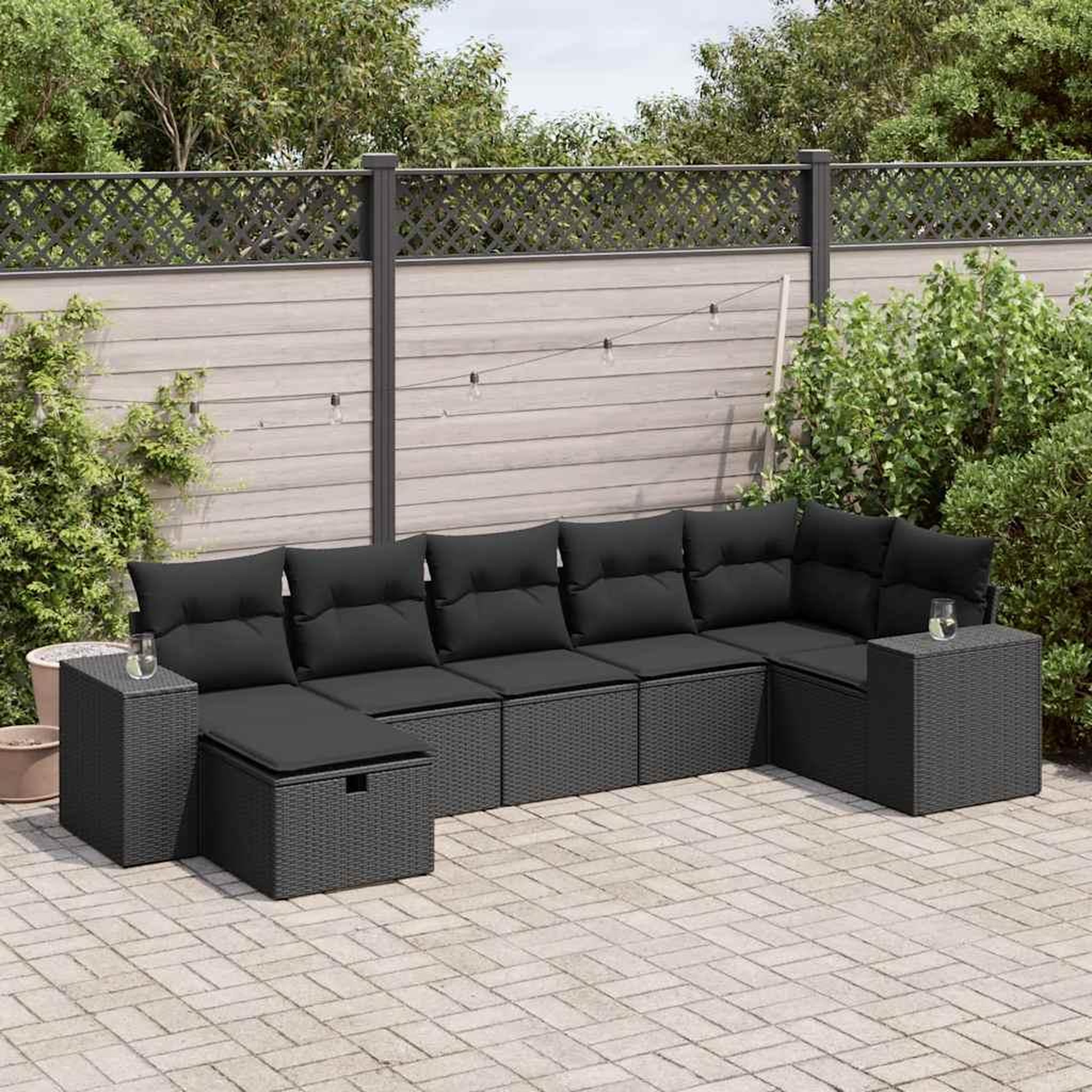 VIDAXL Salon de jardin 7 pcs avec coussins noir resine tressee