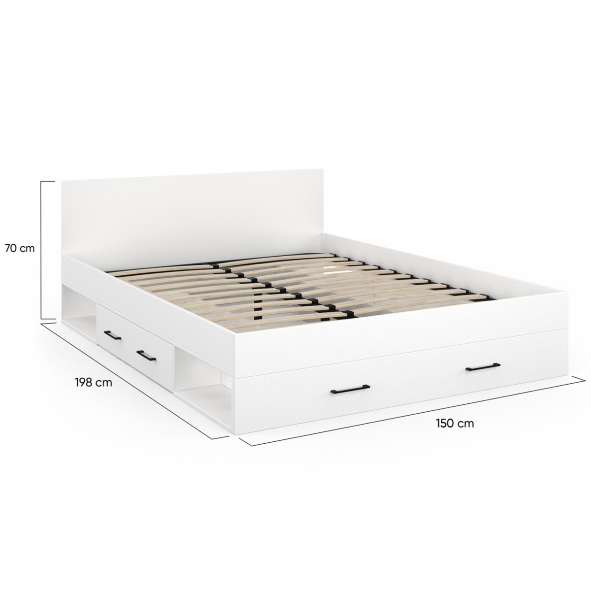 ID MARKET Lit double MINEA avec tiroirs + niches de rangement + tête de lit et sommier 140 x 190 cm blanc