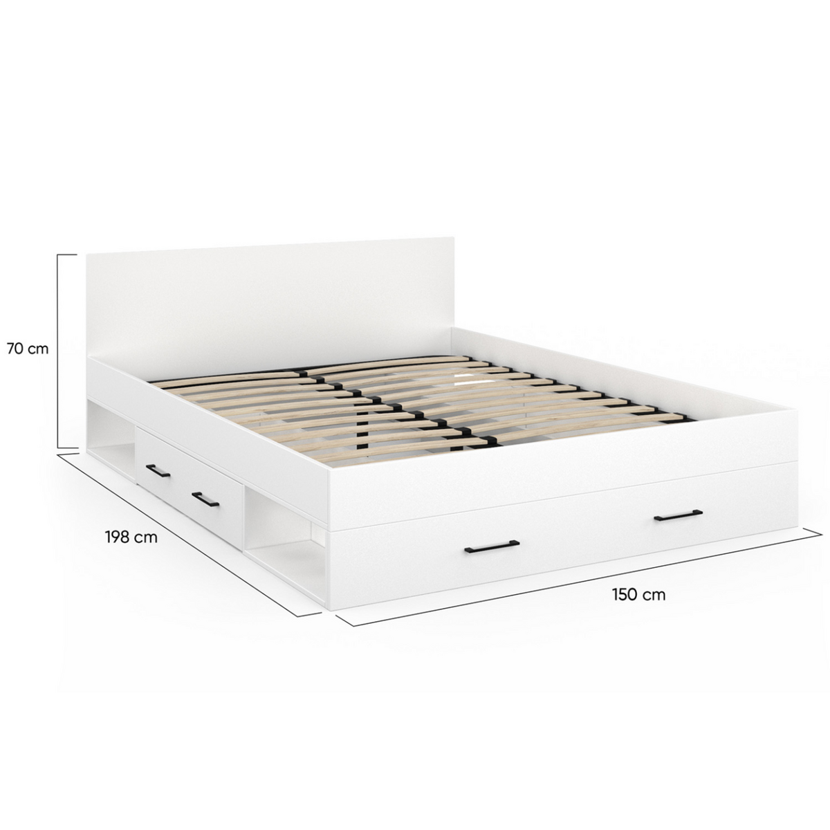 ID MARKET Lit double MINEA avec tiroirs + niches de rangement + tête de lit et sommier 140 x 190 cm blanc