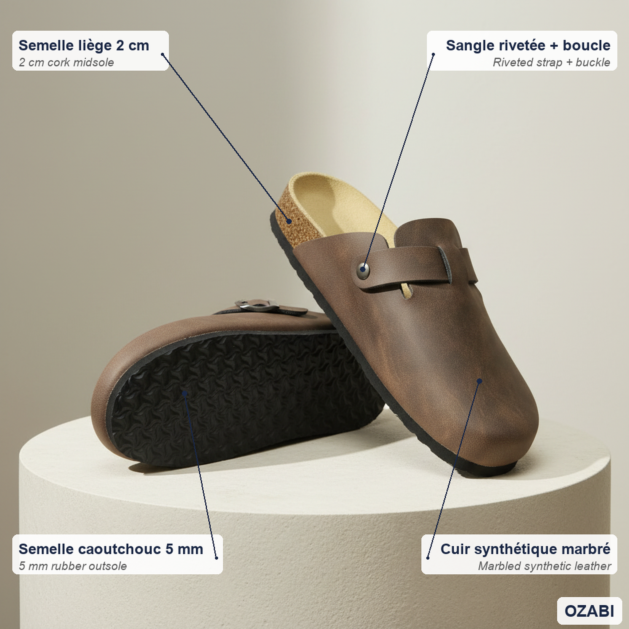 Voir la diapositive 4 : OZABI Ozabi sabots homme cuir synthétique boucle ajustable semelle liège