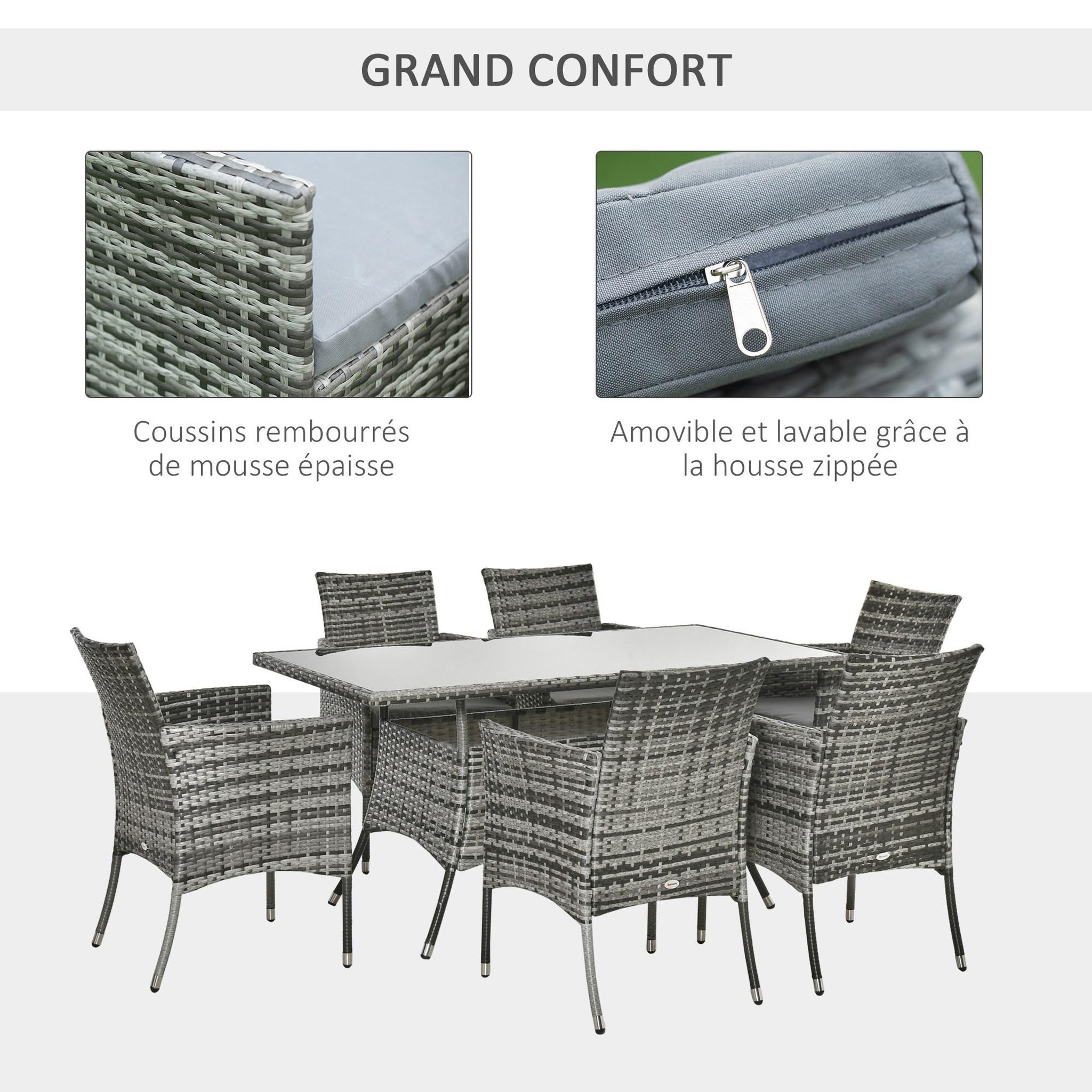 Voir la diapositive 5 : OUTSUNNY Outsunny Ensemble salon de jardin 6 personnes - grande table rectangulaire, 6 fauteuils - 6 coussins d'assise déhoussables inclus - métal époxy verre trempé 5 mm résine tressée grise