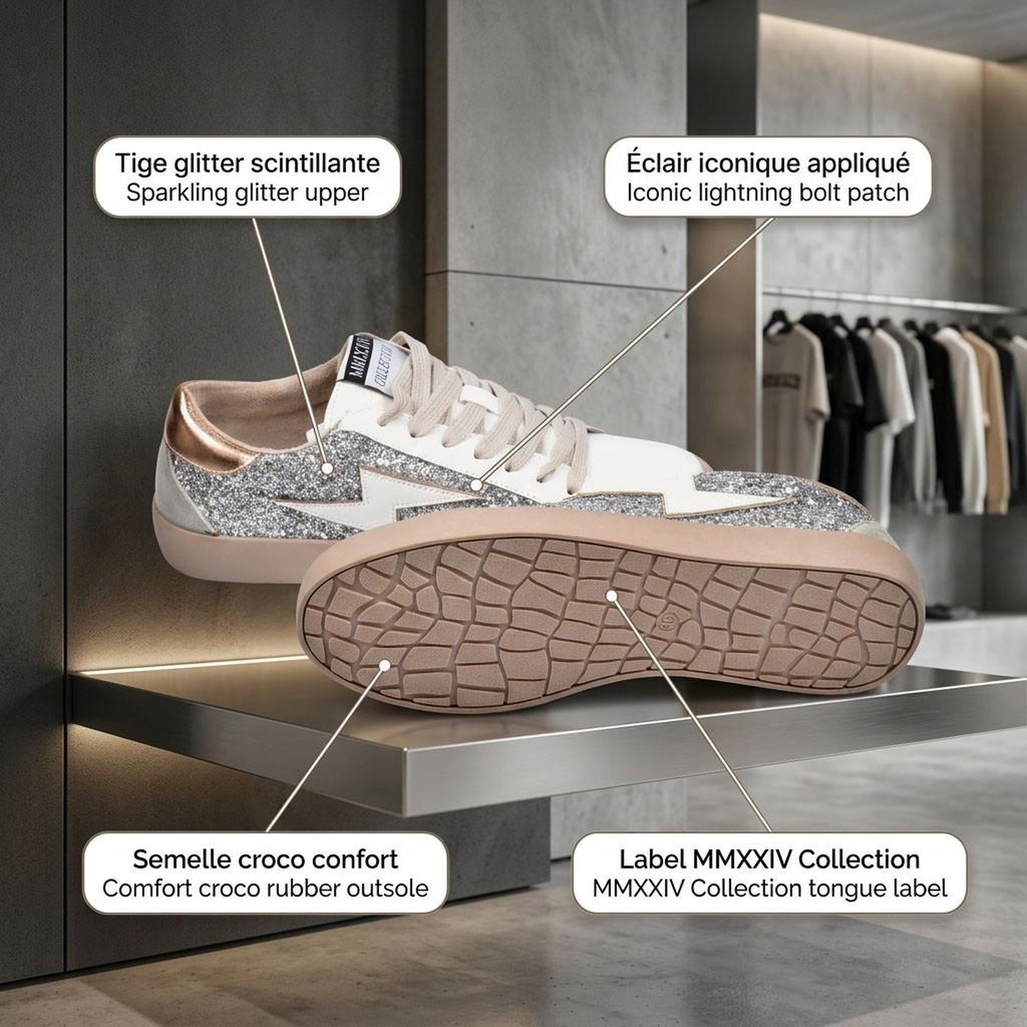 Voir la diapositive 4 : OZABI OZABI Baskets Sneakers Glitter Femme Éclair Plateforme MMXXIV