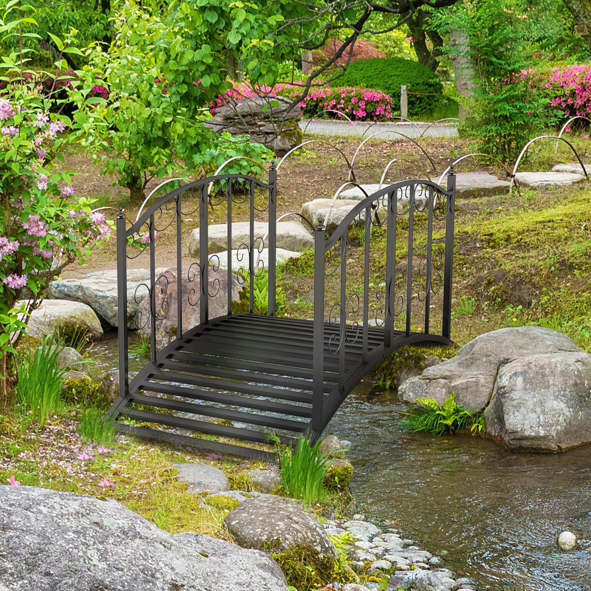 Voir la diapositive 6 : OUTSUNNY Pont de jardin métal noir style antique garde-corps latéraux max. 120 Kg