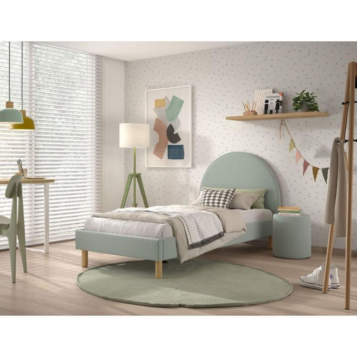 Paris Prix Pack - Lit Enfant & Pouf Bouclé  Moon  90x200cm Vert