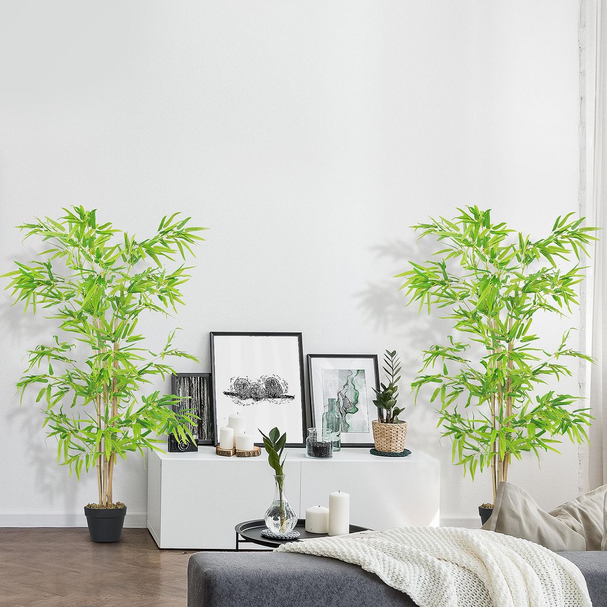 OUTSUNNY Outsunny Lot de 2 Bambous artificiels hauteur 1,5 m 644 feuilles denses réalistes pot inclus noir avec lichen vert