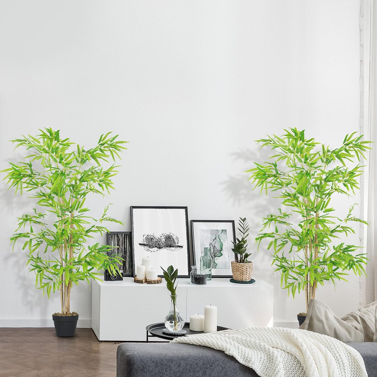 OUTSUNNY Outsunny Lot de 2 Bambous artificiels hauteur 1,5 m 644 feuilles denses réalistes pot inclus noir avec lichen vert