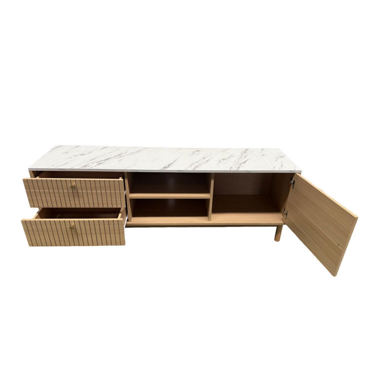 CONCEPT USINE Meuble TV aspect bois rainuré et marbre avec tiroirs et placard 150cm TRIX