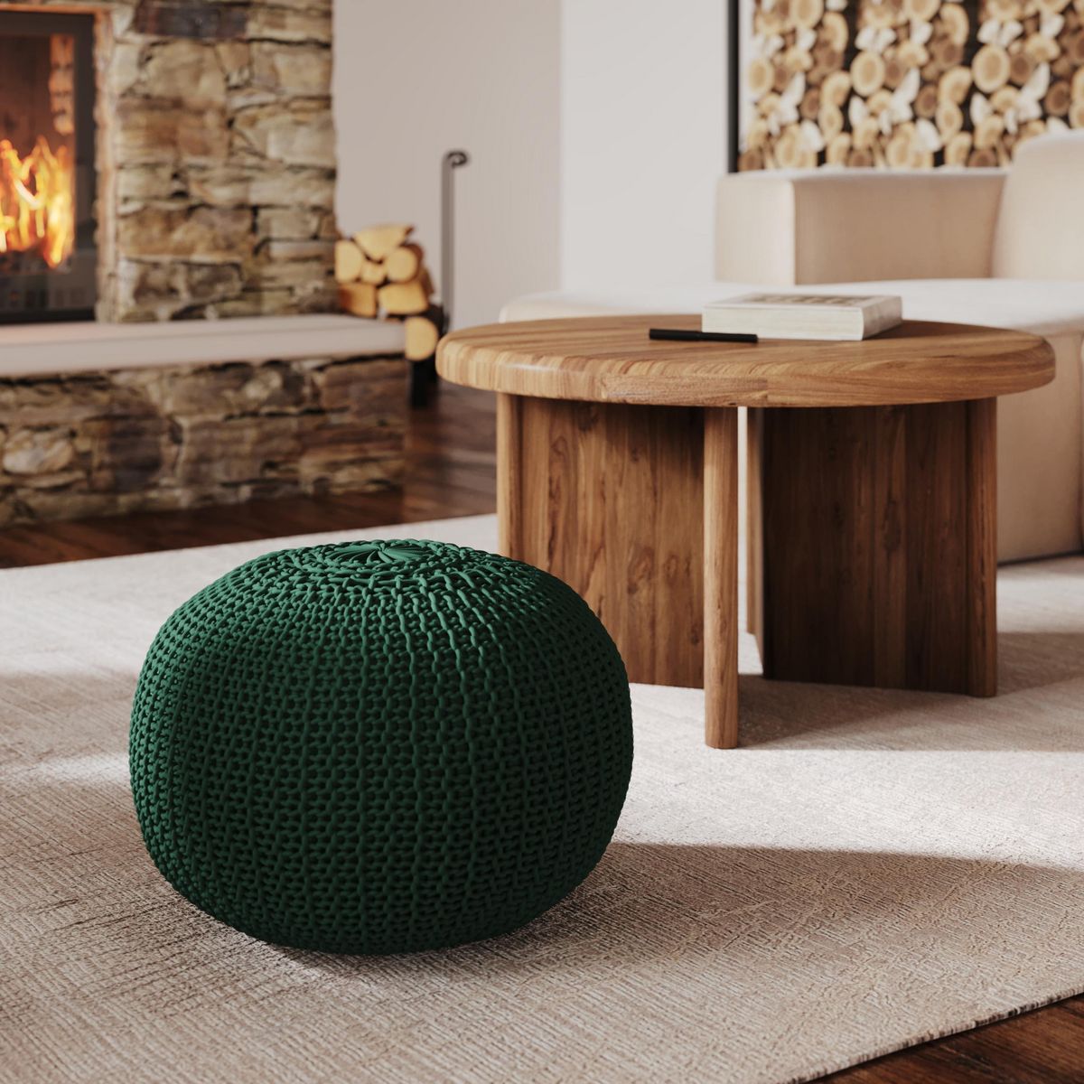 Rendez vous déco Pouf tricot rond en coton jaune moutarde D40 cm - Elisa