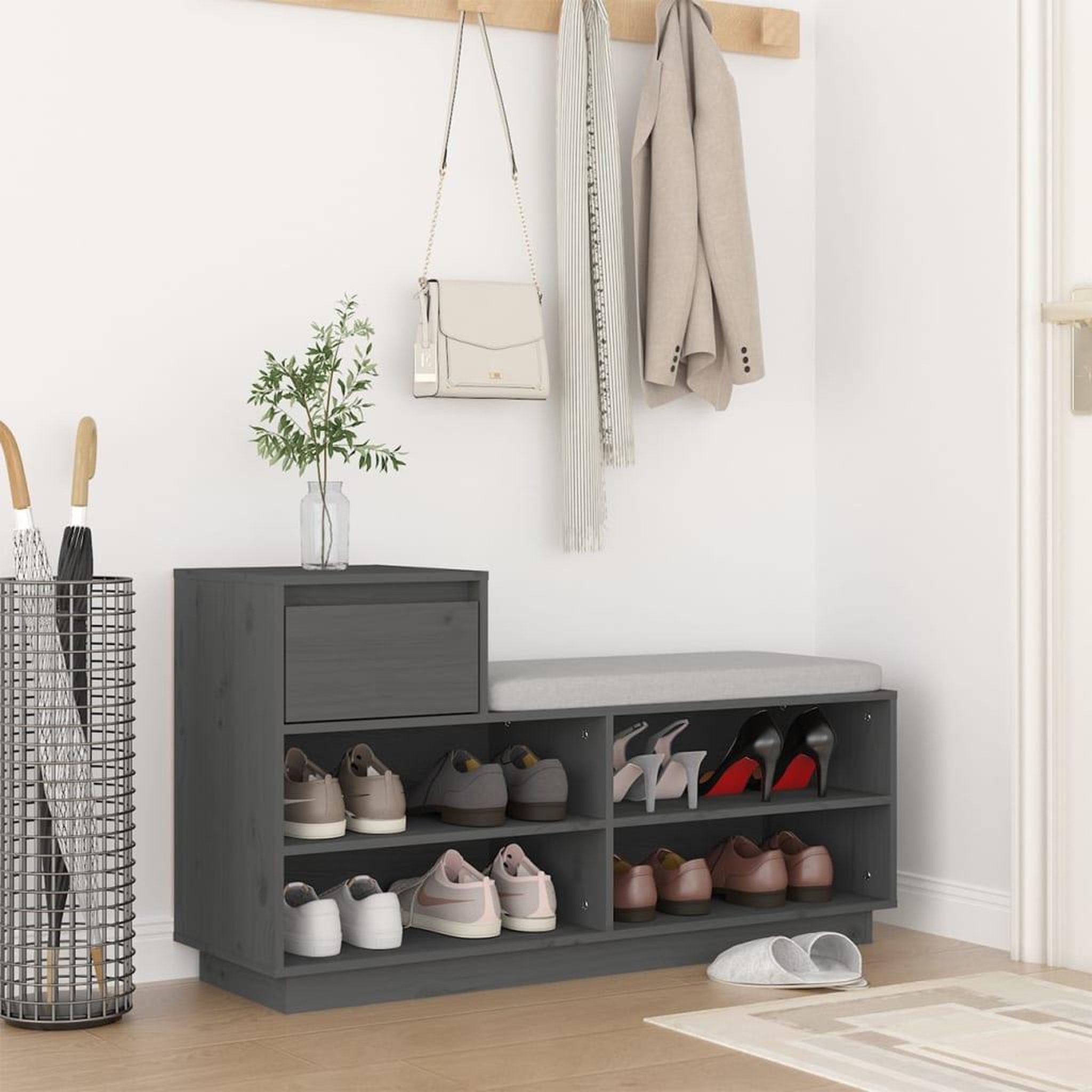 Voir la diapositive 1 : VIDAXL Armoire a chaussures Gris 110x34x61 cm Bois de pin massif