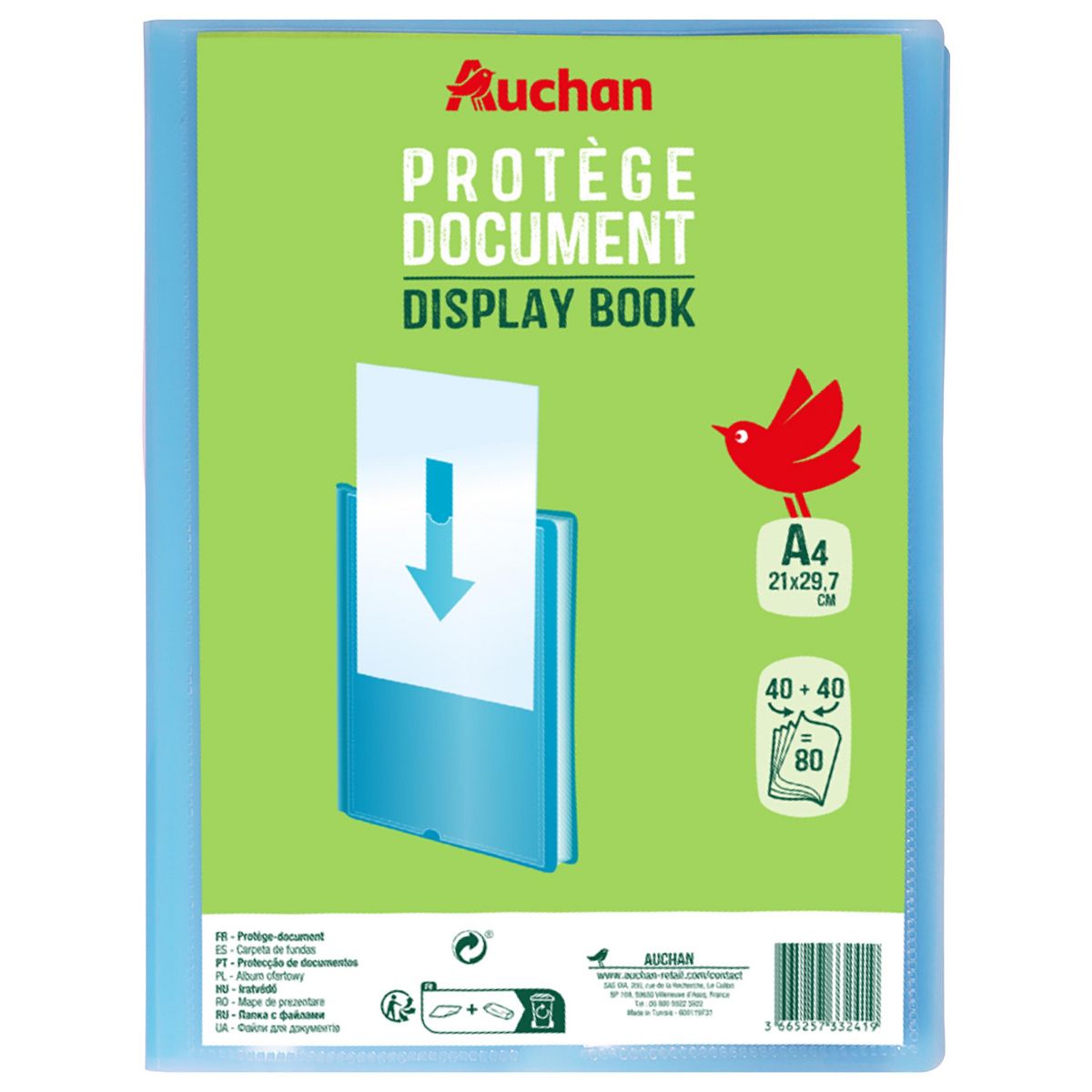 AUCHAN Protège document A4 souple 80 vues Polypro bleu